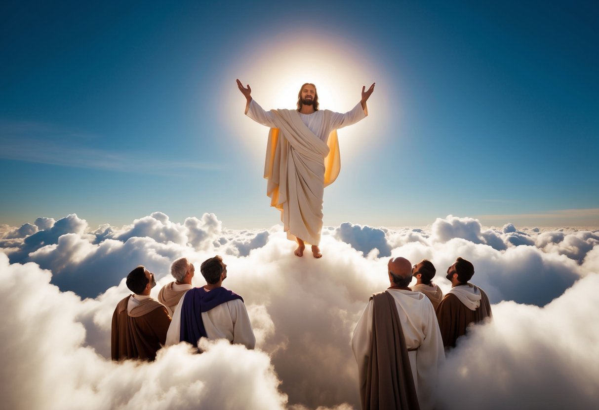 Jesus ascends into the clouds, surrounded by his disciples, as he returns to heaven after his resurrection
