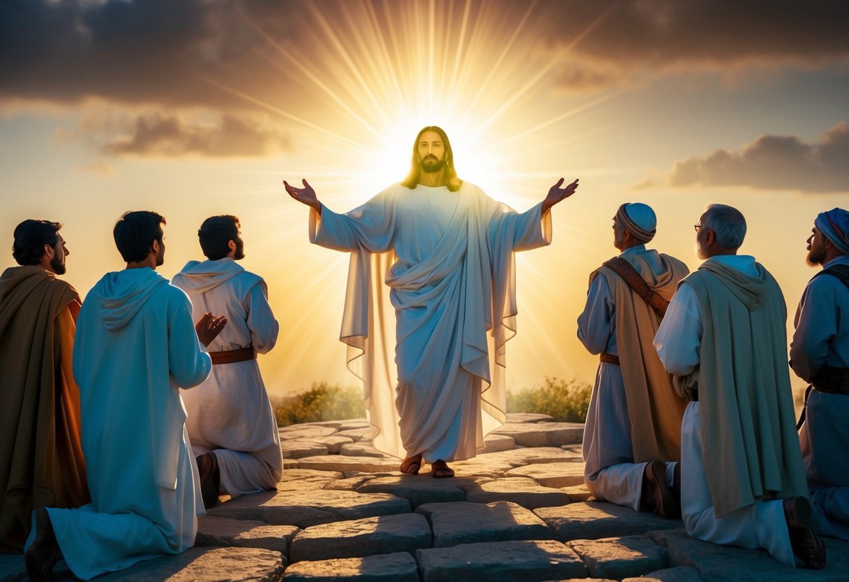 A radiant figure appears to the disciples and followers, conveying the message of Jesus' resurrection