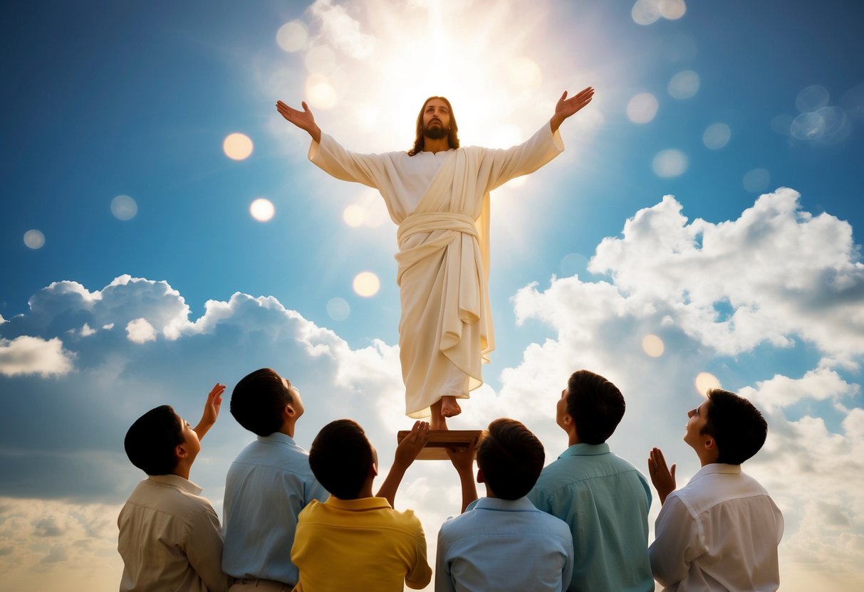 Jesus ascending into the sky, surrounded by light and clouds, with disciples looking up in awe