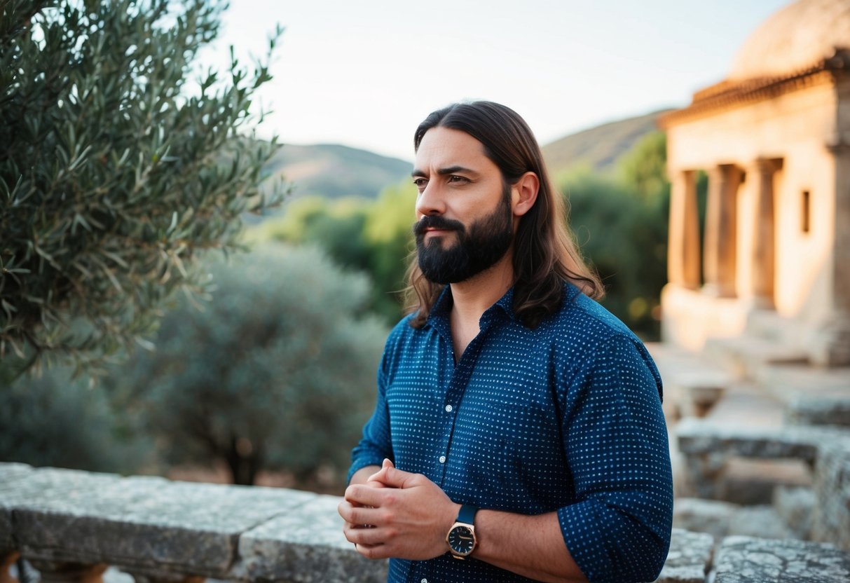 A man with a beard and long hair stands in a traditional Greek setting, surrounded by ancient architecture and olive trees