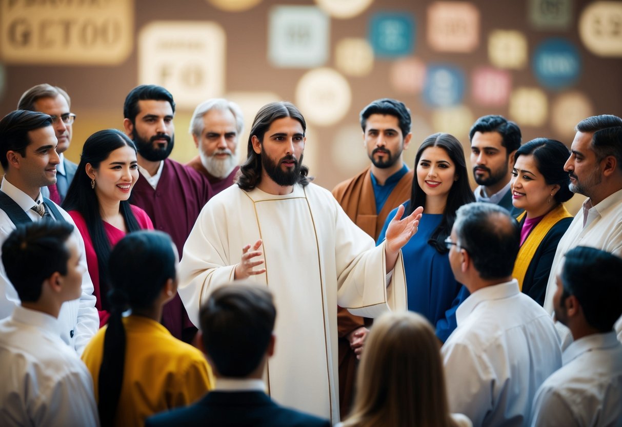 Jesus speaking in Greek to a diverse group of people, with various languages and scripts represented in the background