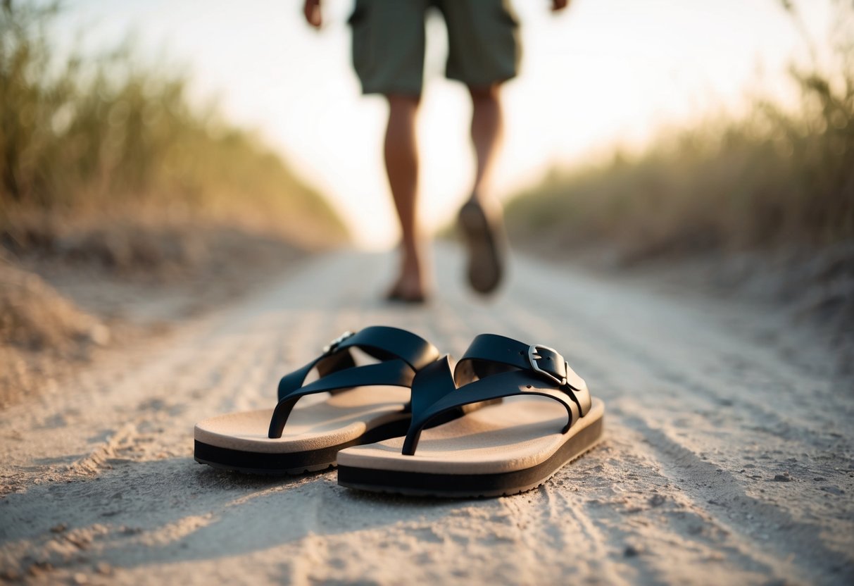 A pair of simple sandals resting on a dusty path, with a faint outline of a figure walking ahead