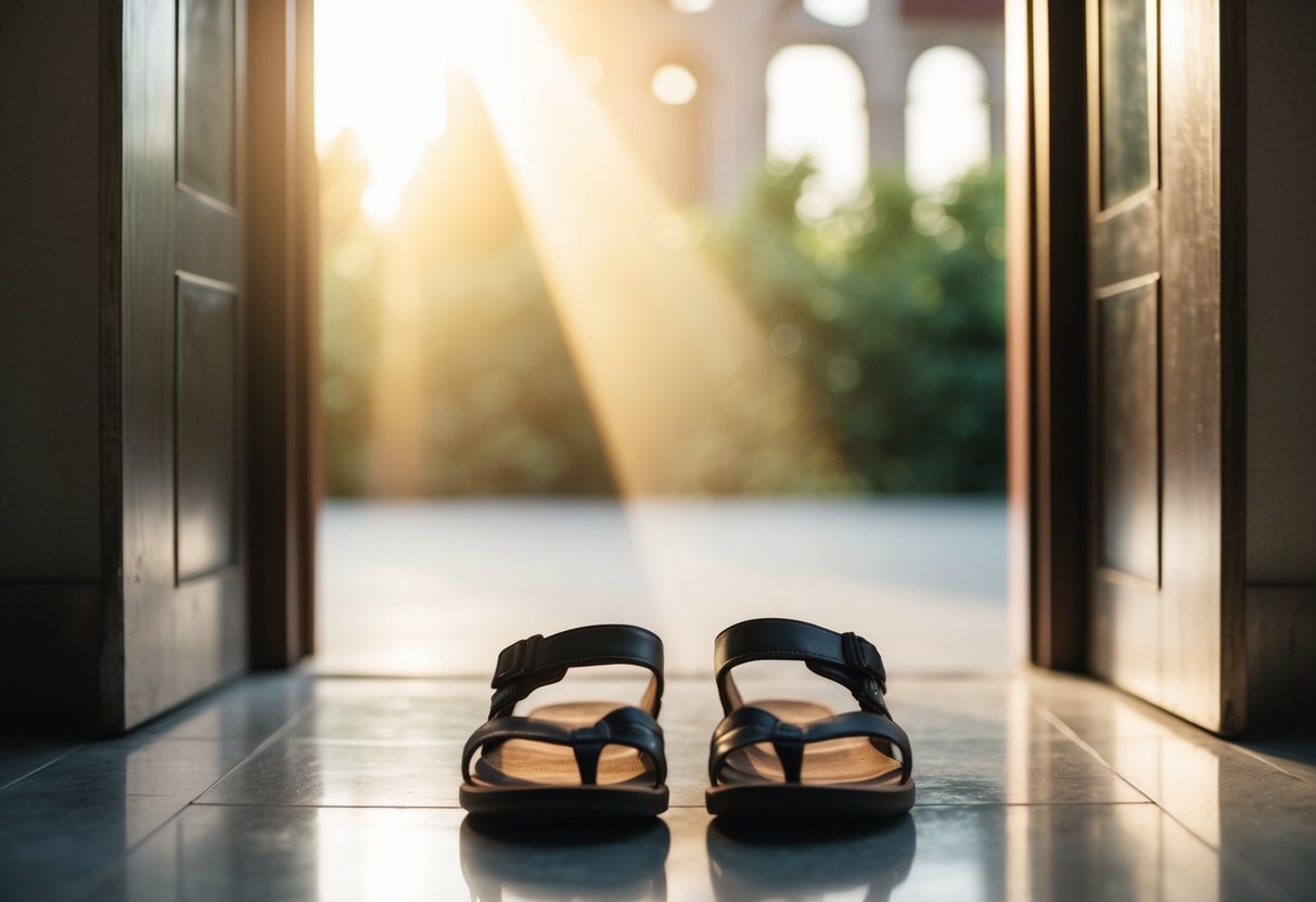 A pair of sandals placed at the entrance of a holy place, with a gentle beam of light shining down on them
