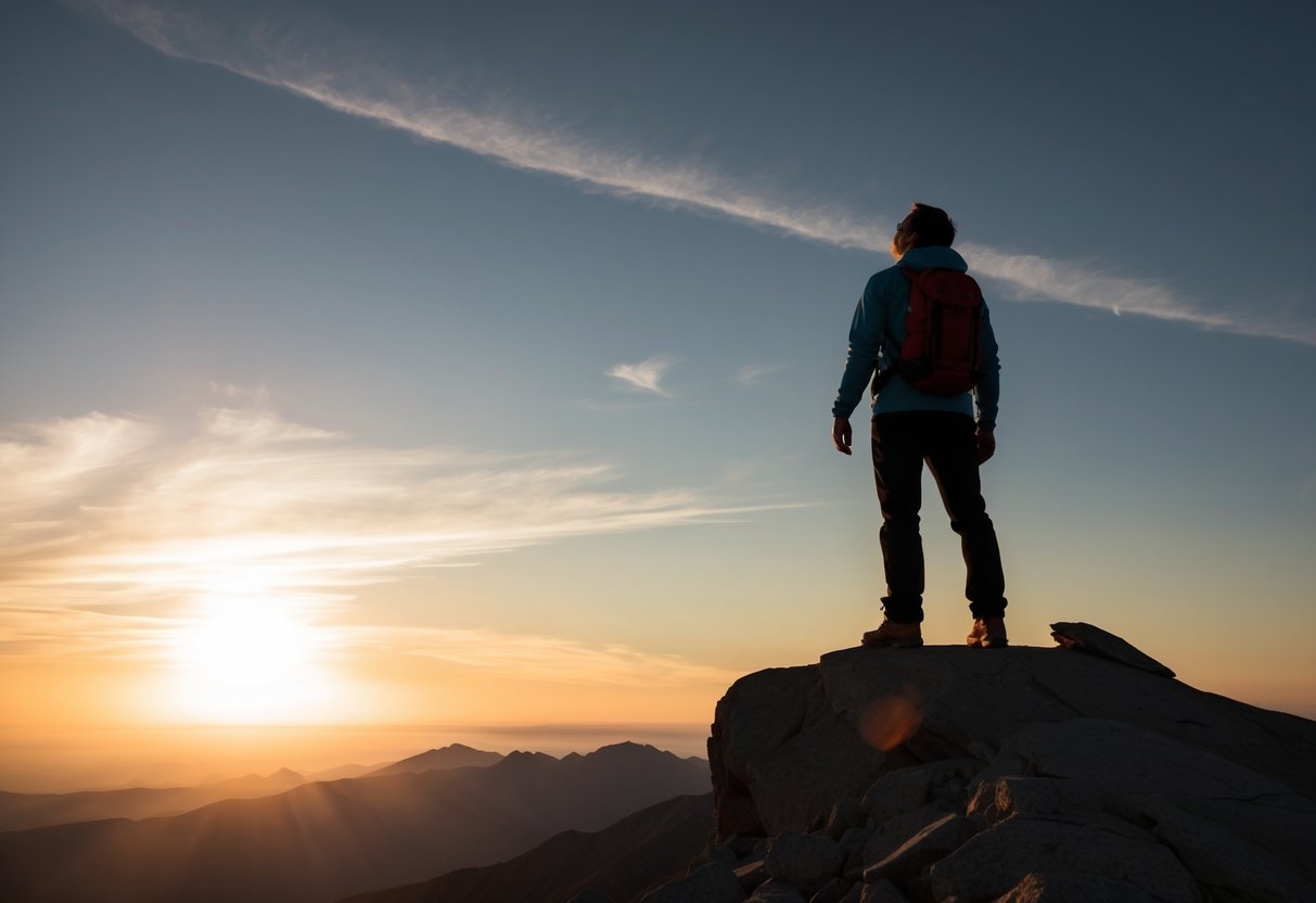 A figure standing on a mountain peak, gazing up at the sky with a sense of wonder and reverence. The sun is setting, casting a warm glow over the landscape