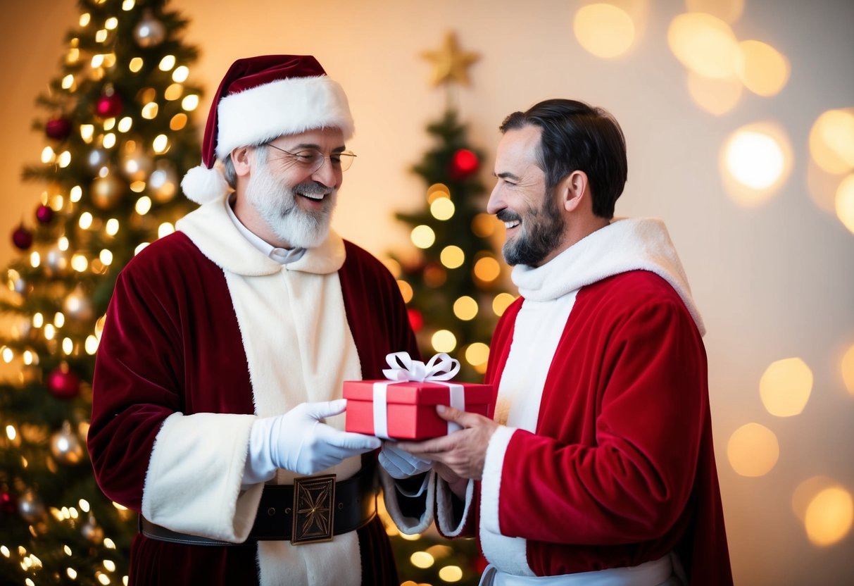 Santa and Jesus standing side by side, exchanging gifts and smiling. The scene is filled with warmth and joy