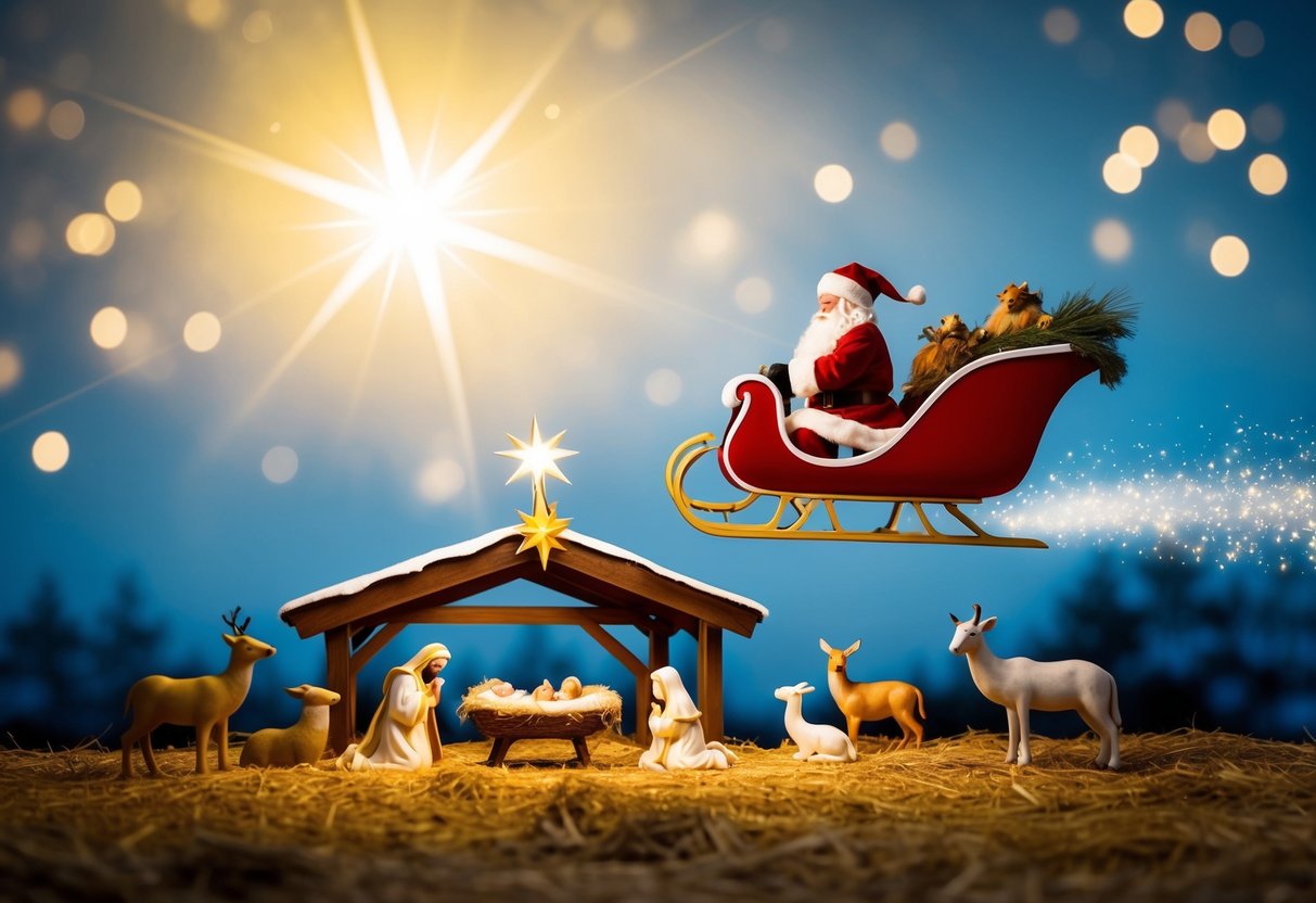 Santa's sleigh flies over a peaceful nativity scene with a bright star shining above. The manger is surrounded by animals and a sense of calm and wonder fills the air