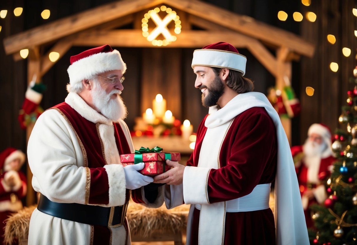 Santa and Jesus standing in front of a manger, exchanging gifts and sharing a warm embrace. The scene is filled with symbols of both Christmas traditions