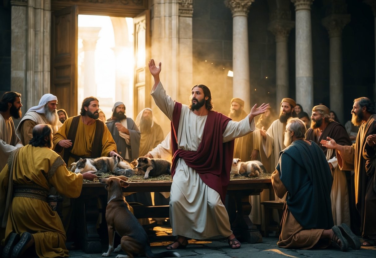 Jesus overturns tables, driving out animals and money changers. Light streams through the temple's open doors, illuminating the chaos