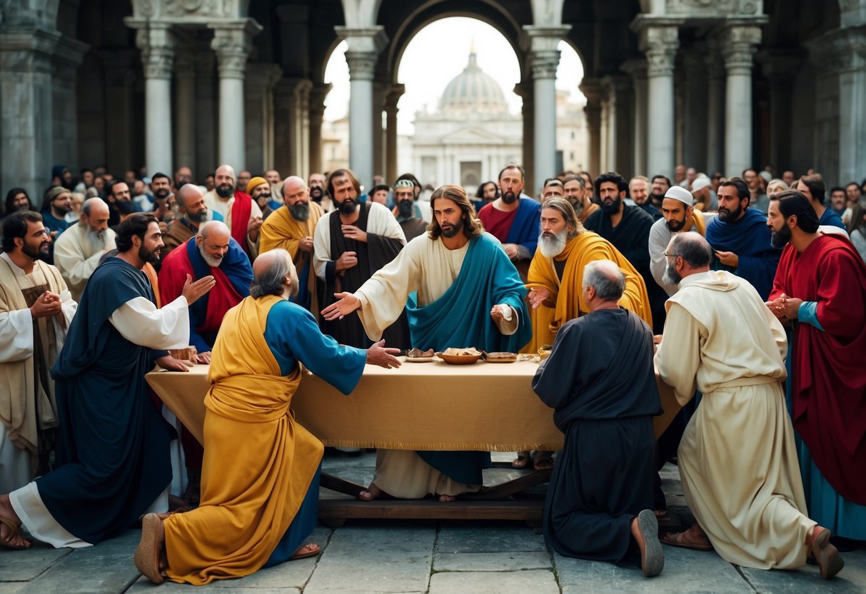 Jesus overturns tables and drives out merchants in the temple, demonstrating his intolerance for exploitation and his commitment to purity and reverence in worship