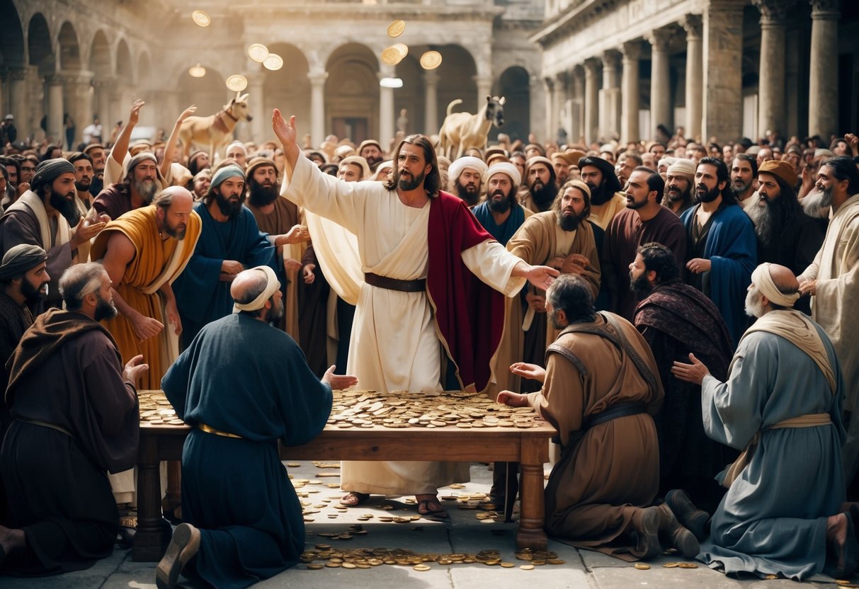 Jesus overturns tables in the temple, scattering coins and animals. The crowd watches in shock as he drives out the merchants