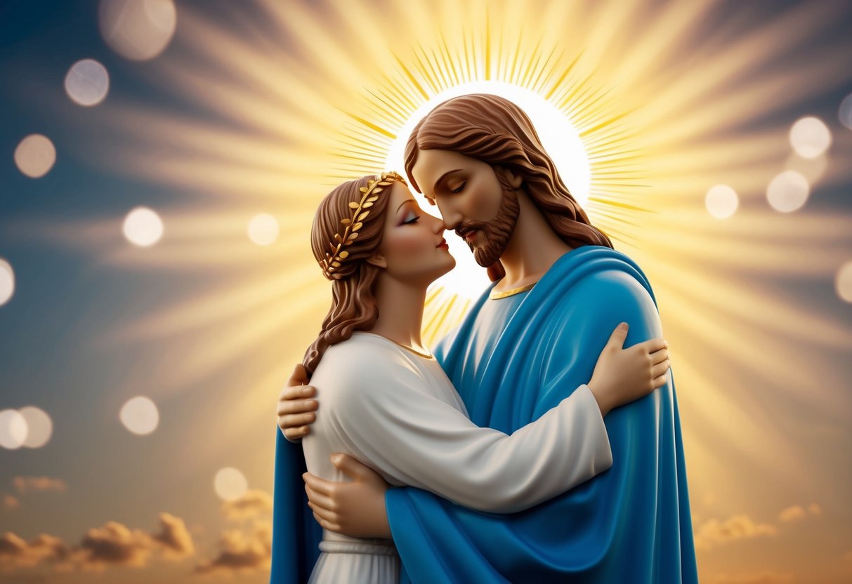 A radiant, celestial figure embraces a radiant, celestial figure in a tender and loving manner, symbolizing the sacred union between Christ and his followers