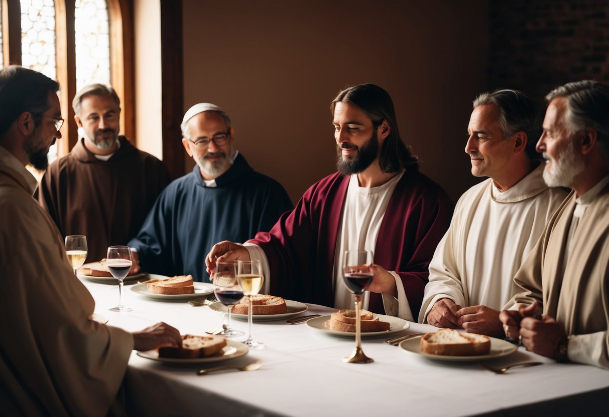 Jesus shares bread and wine with his disciples at a long table in a dimly lit room