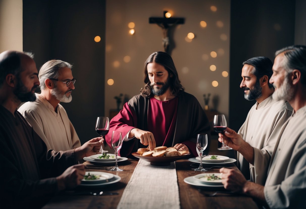 Jesus breaking bread and sharing wine with his disciples at a long table in a dimly lit room