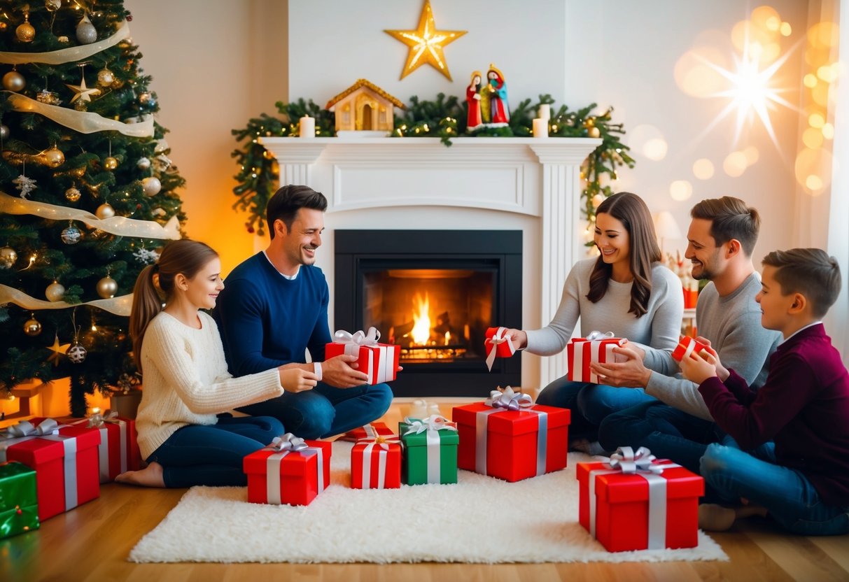 A family gathered around a glowing fireplace, exchanging gifts under a Christmas tree adorned with a shining star and a nativity scene