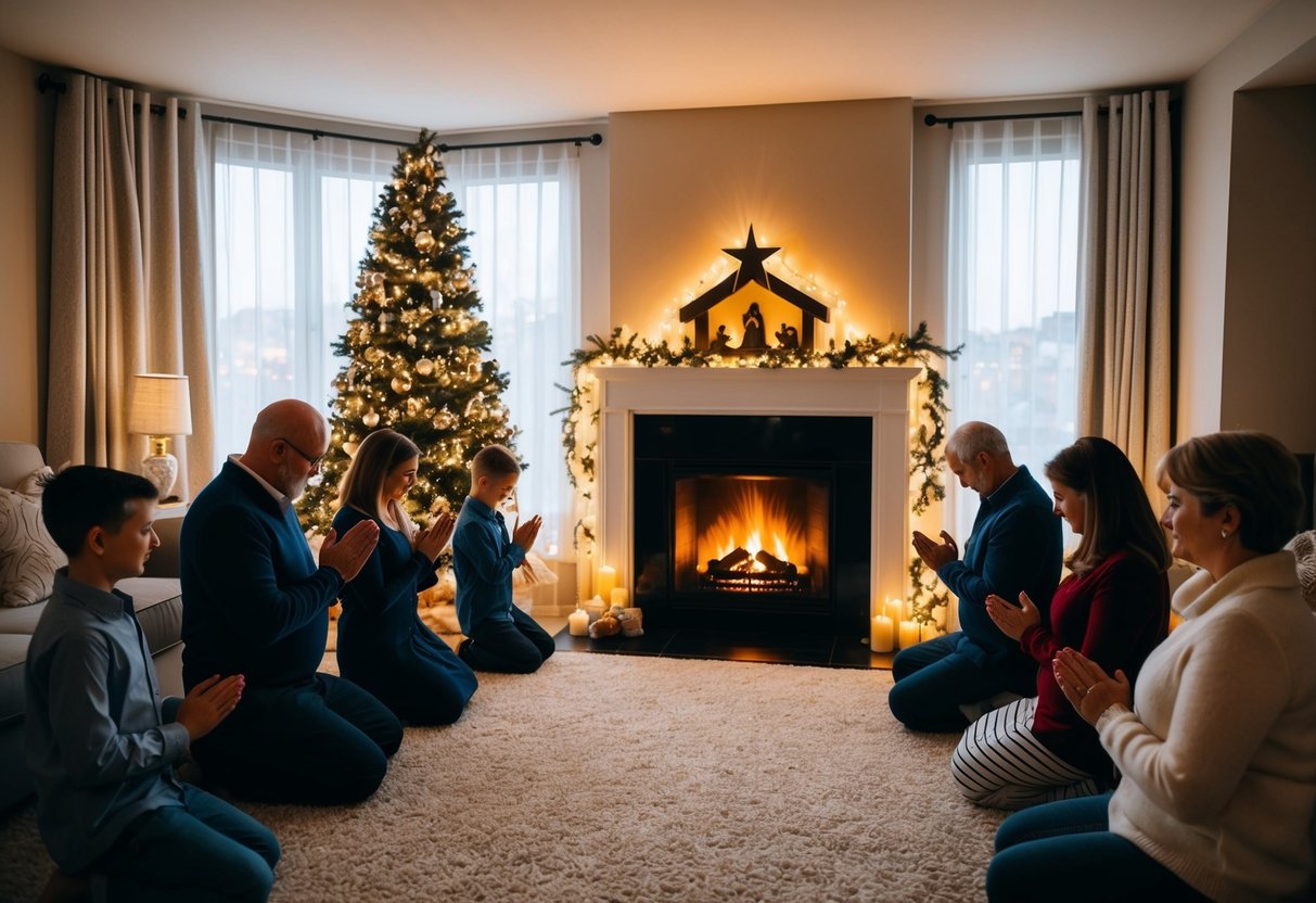 A cozy living room with a glowing fireplace, adorned with twinkling lights and a nativity scene, surrounded by family members engaged in prayer and reflection