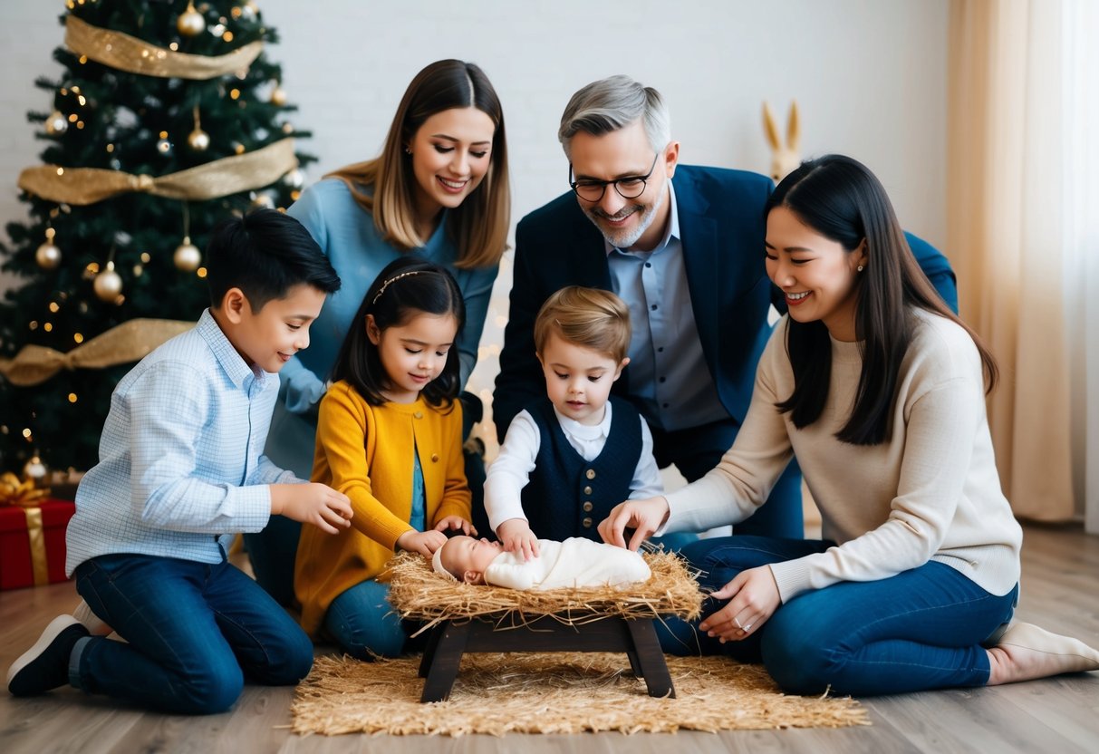 A family gathered around a nativity scene, with children placing baby Jesus in the manger while parents watch and smile