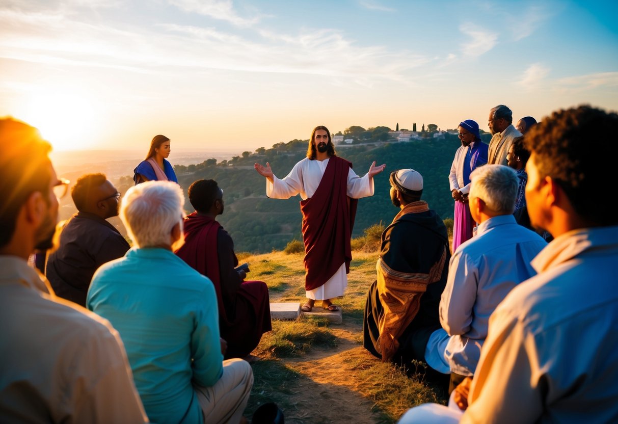 Jesus teaching on a hill, surrounded by a diverse group of people. The sun is setting, casting a warm glow on the scene