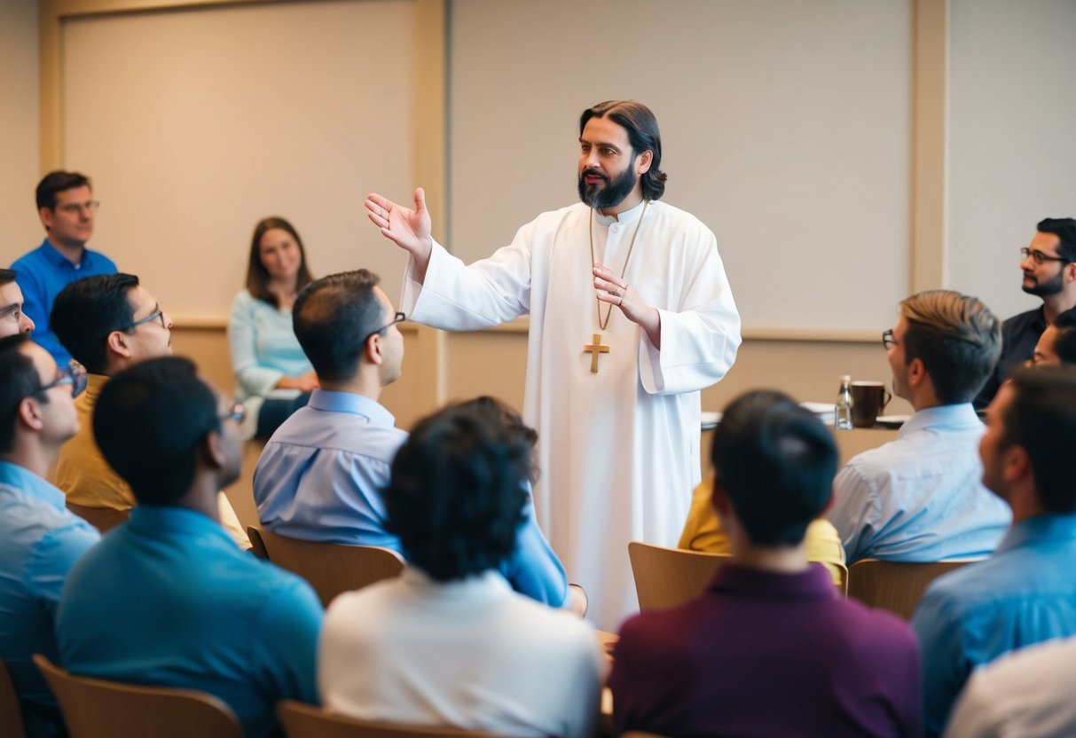 A group of people listening to Jesus as he gestures and teaches using simple, relatable stories and examples