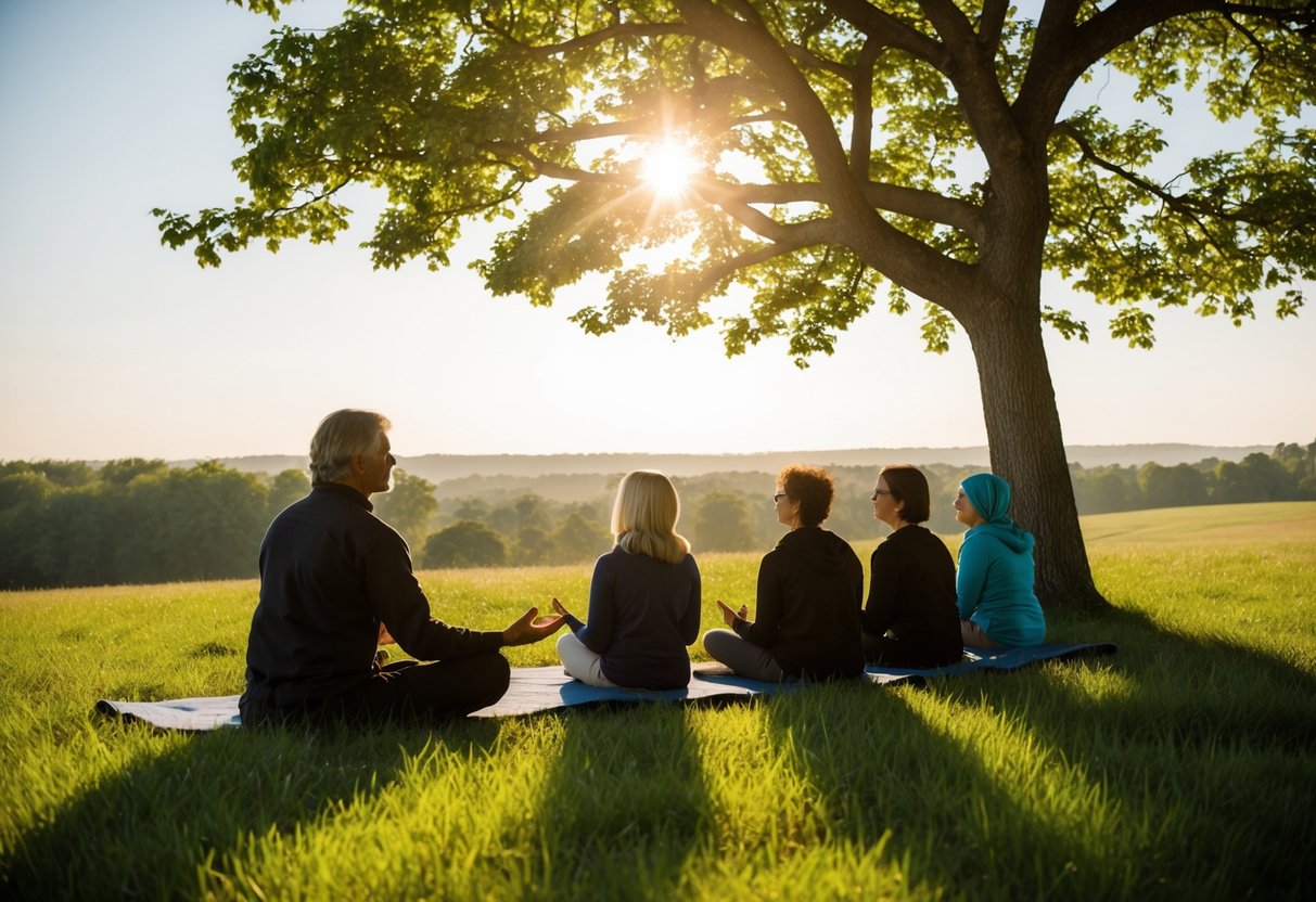 A serene landscape with a figure teaching a group of people under a tree. The sun is shining, and there is a sense of peace and wisdom in the air