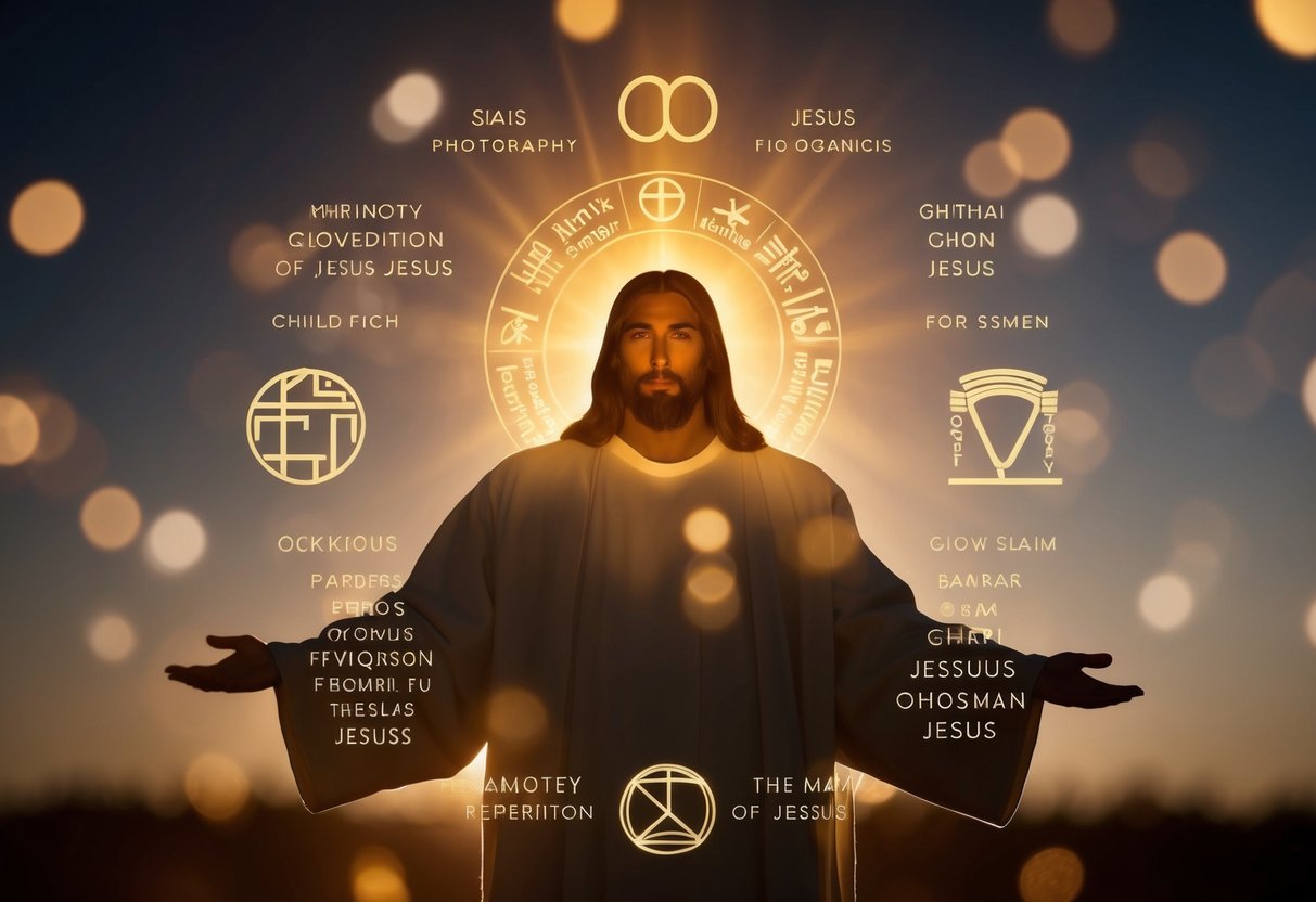 A glowing figure surrounded by various symbols and words representing the many names of Jesus