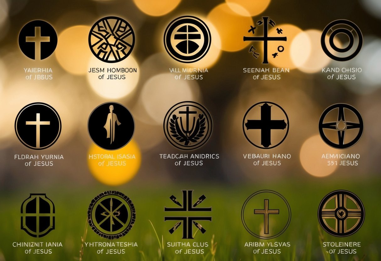 A collection of symbols representing different cultures and historical periods, each with a different name for Jesus