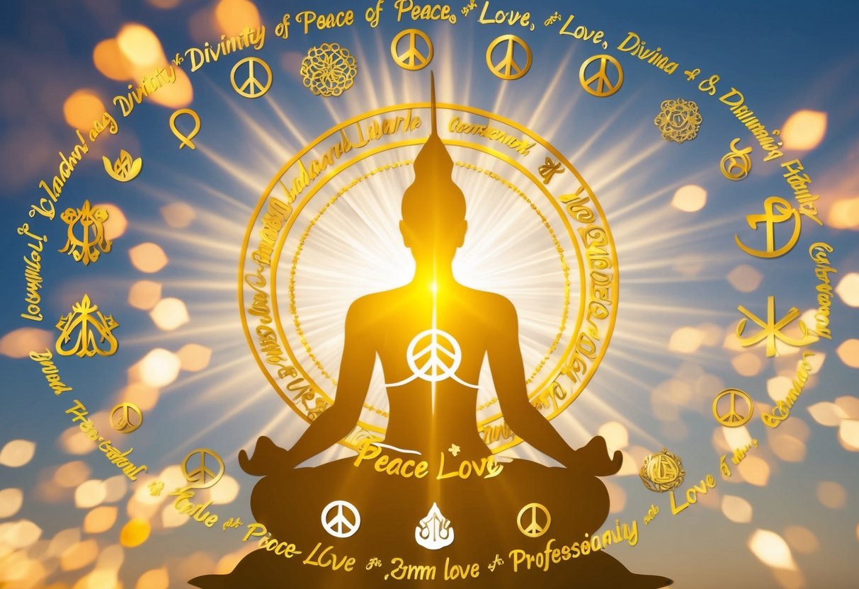 A radiant figure surrounded by symbols of peace, love, and divinity, with various names swirling around in golden script
