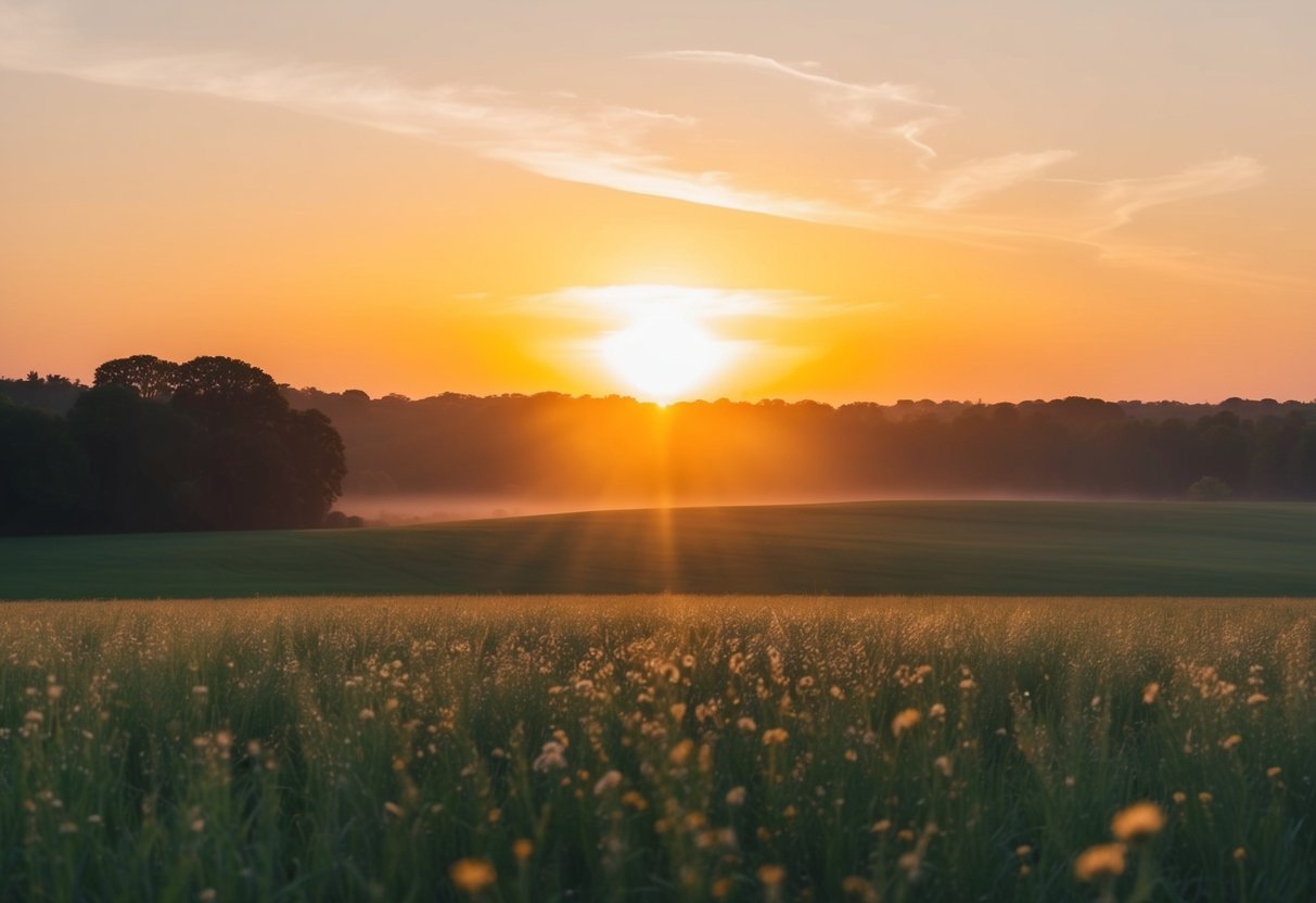A serene landscape with a glowing sunrise over a tranquil meadow, symbolizing the concept of faith and spiritual rebirth