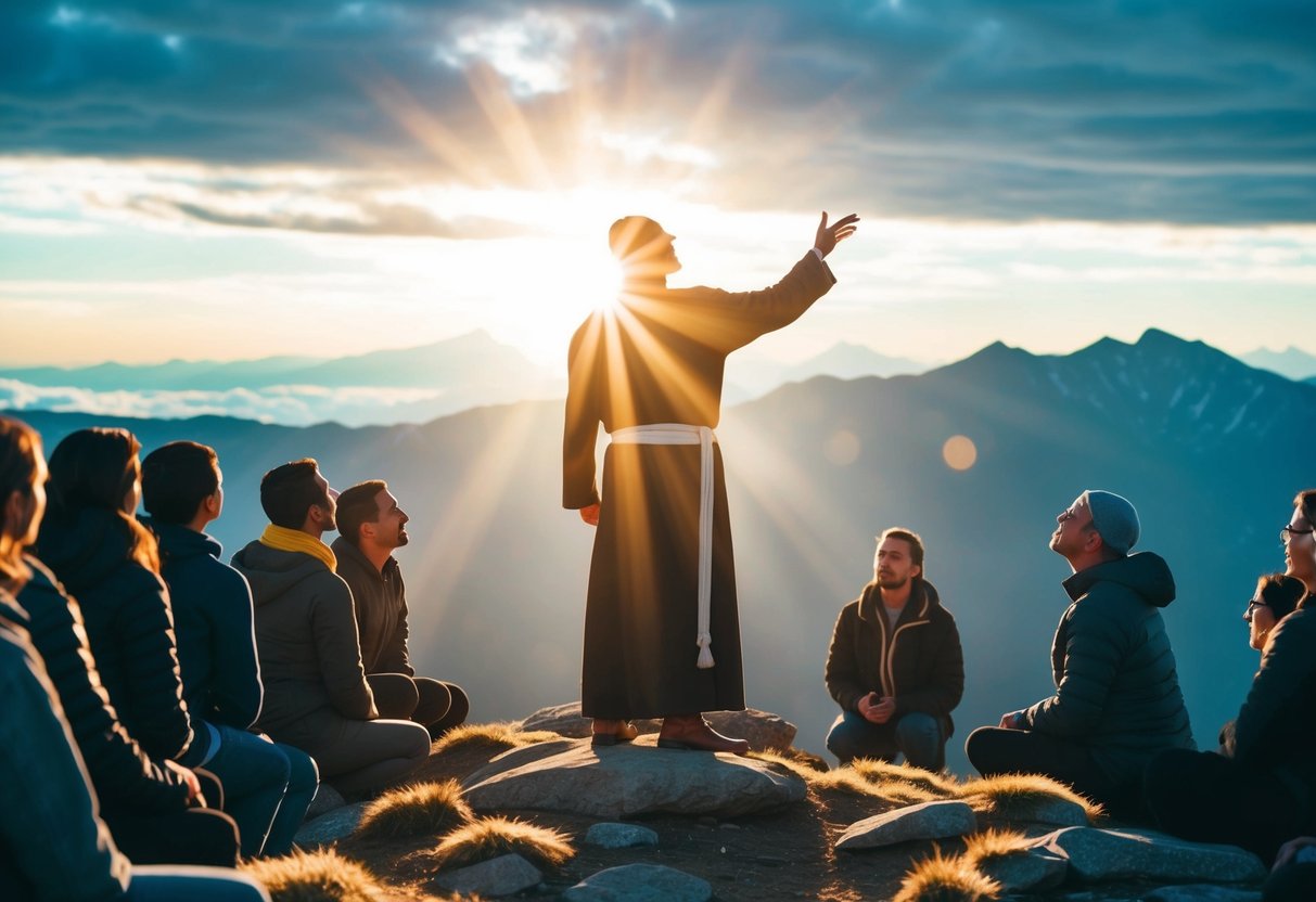 A radiant figure stands on a mountaintop, surrounded by a group of people. The figure gestures toward the sky, while the people listen intently
