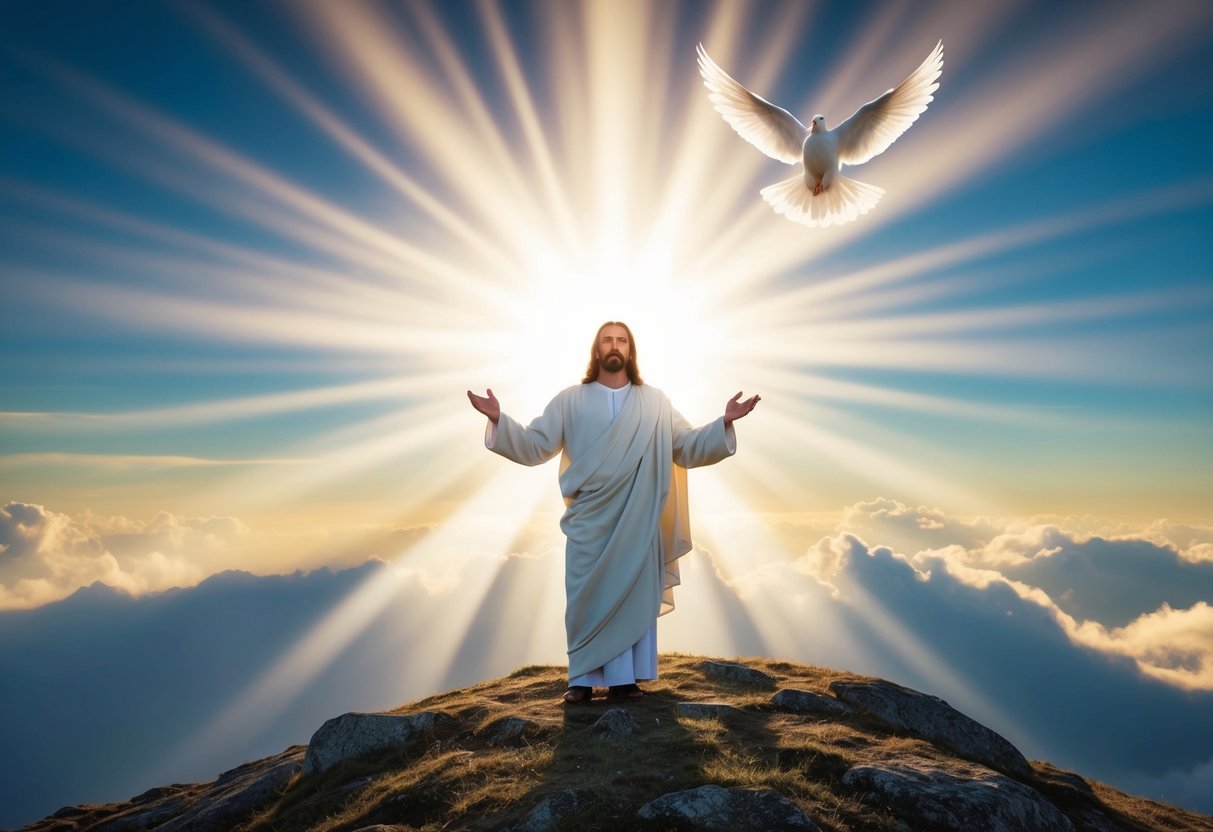 Jesus surrounded by a radiant light, standing on a mountaintop with a peaceful expression, as the clouds part and a dove descends from the sky