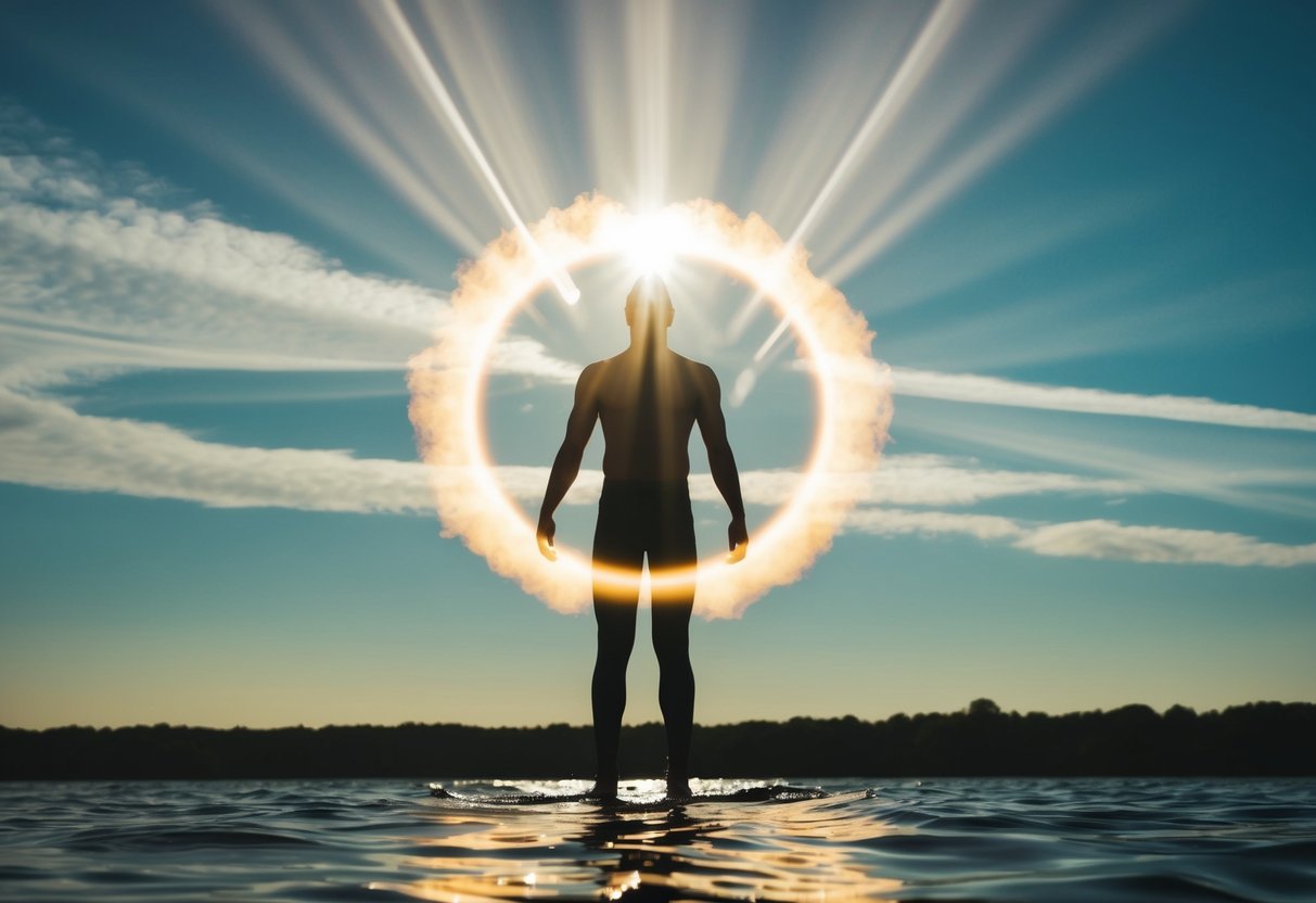 A glowing halo surrounds a figure standing on water, with rays of light shining down from the sky