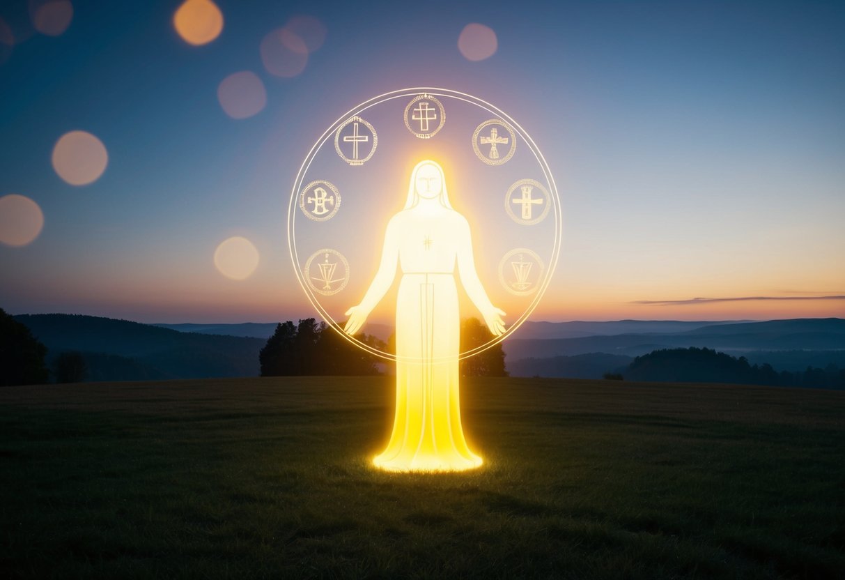 A serene landscape with a glowing, ethereal figure surrounded by symbols of religious significance