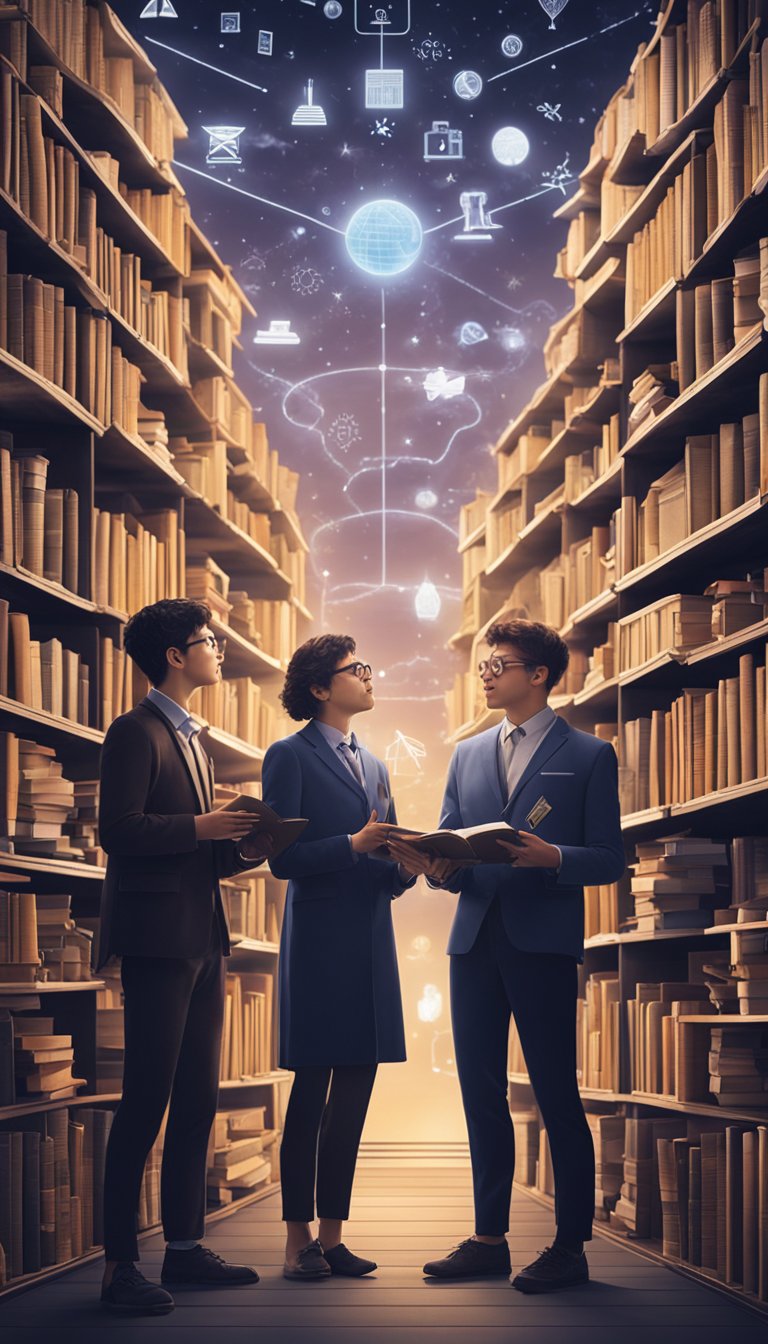 Two twins surrounded by books, engaging in lively conversation. A chalkboard displays various symbols and diagrams. Bright colors and a sense of curiosity fill the air