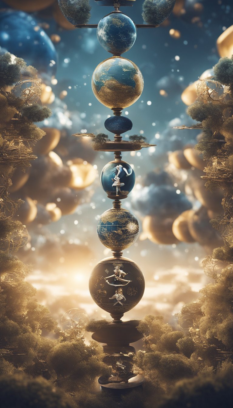 A pair of twins balancing between two worlds, one foot in each, surrounded by ever-changing symbols and elements