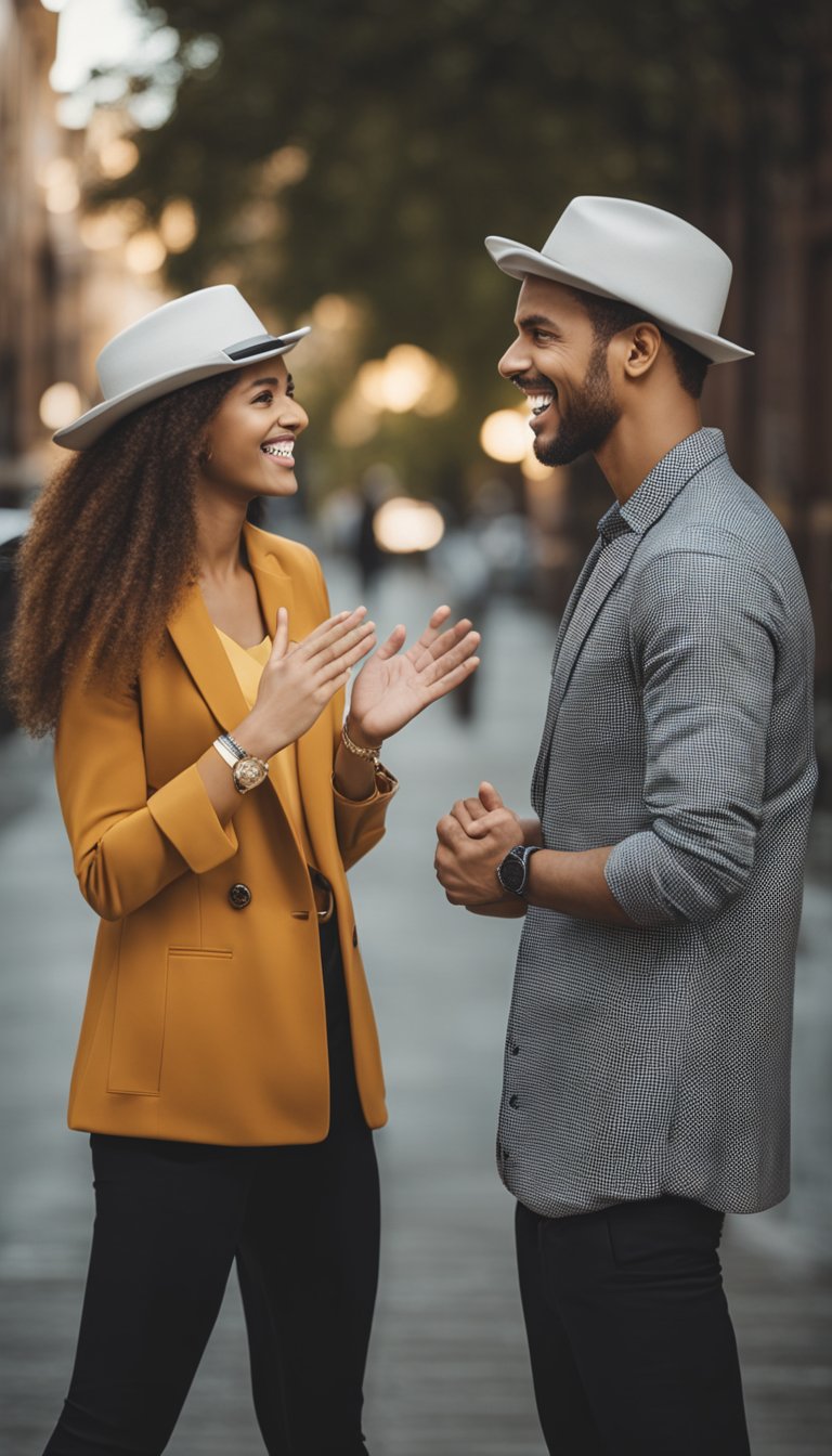 Two identical twins engaged in lively conversation, gesturing expressively with their hands as they share their thoughts and ideas