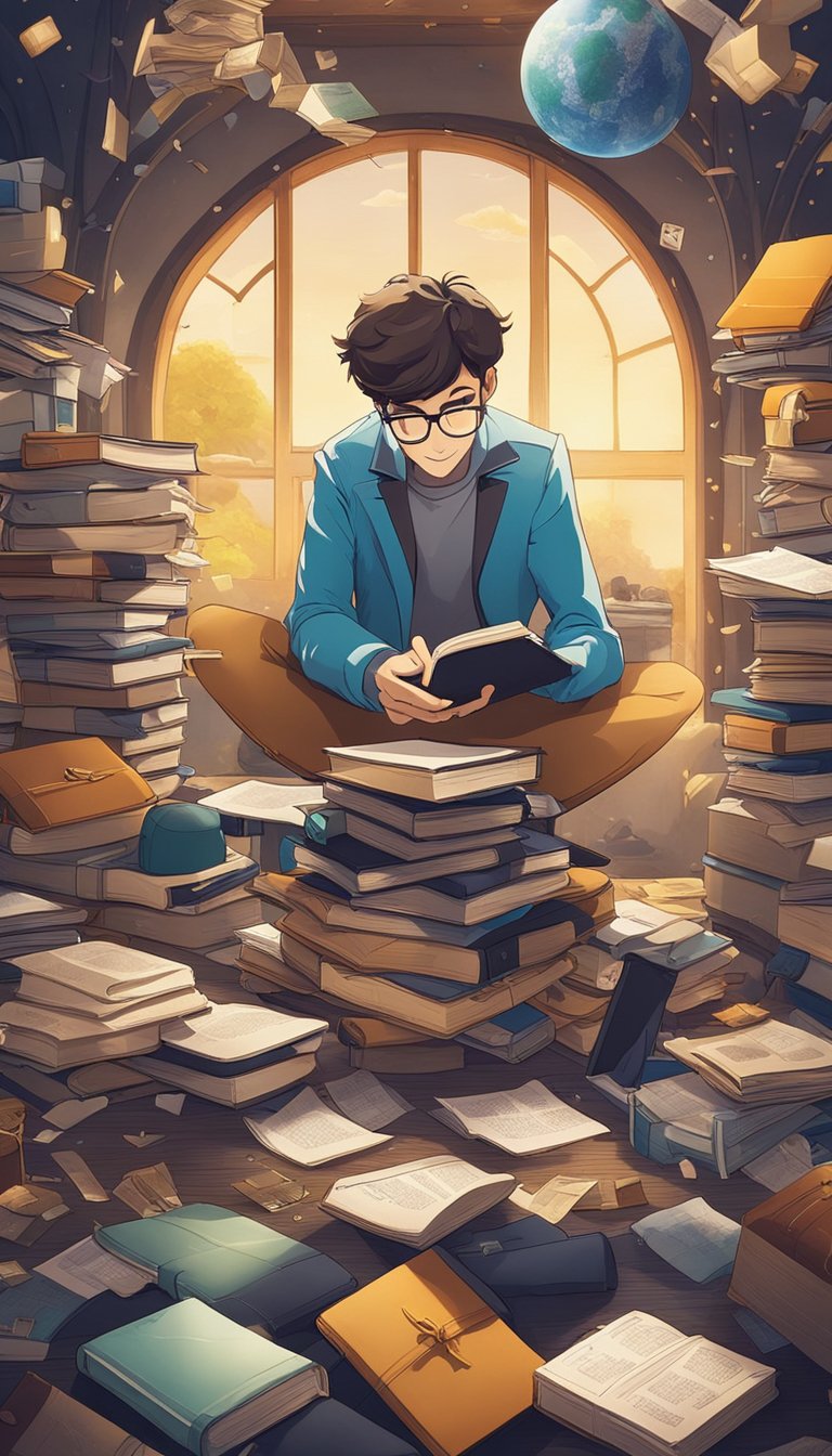 A curious Gemini examining a collection of books, surrounded by scattered papers and colorful pens