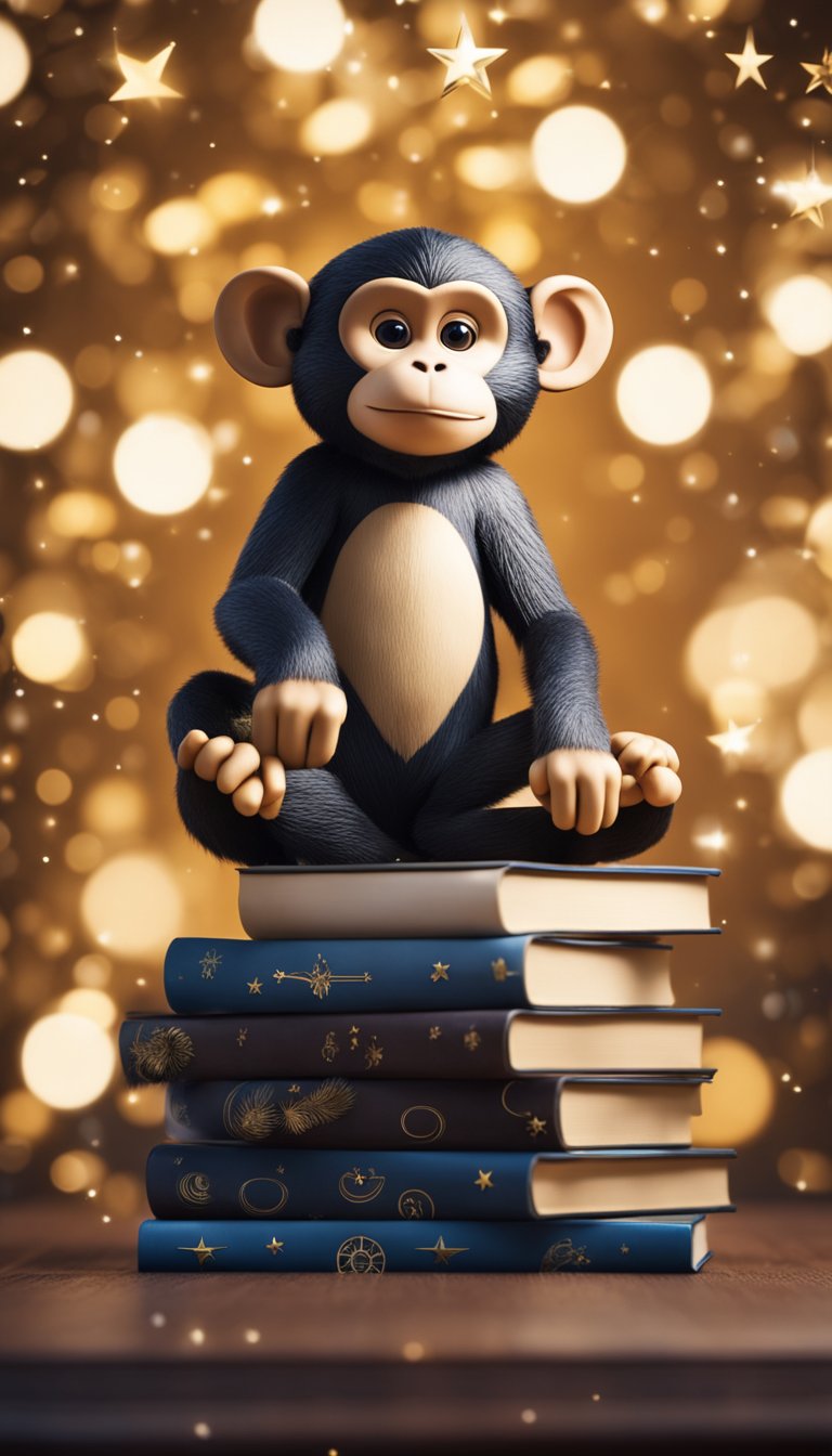 A playful monkey balancing on a stack of books, surrounded by swirling zodiac symbols and twinkling stars
