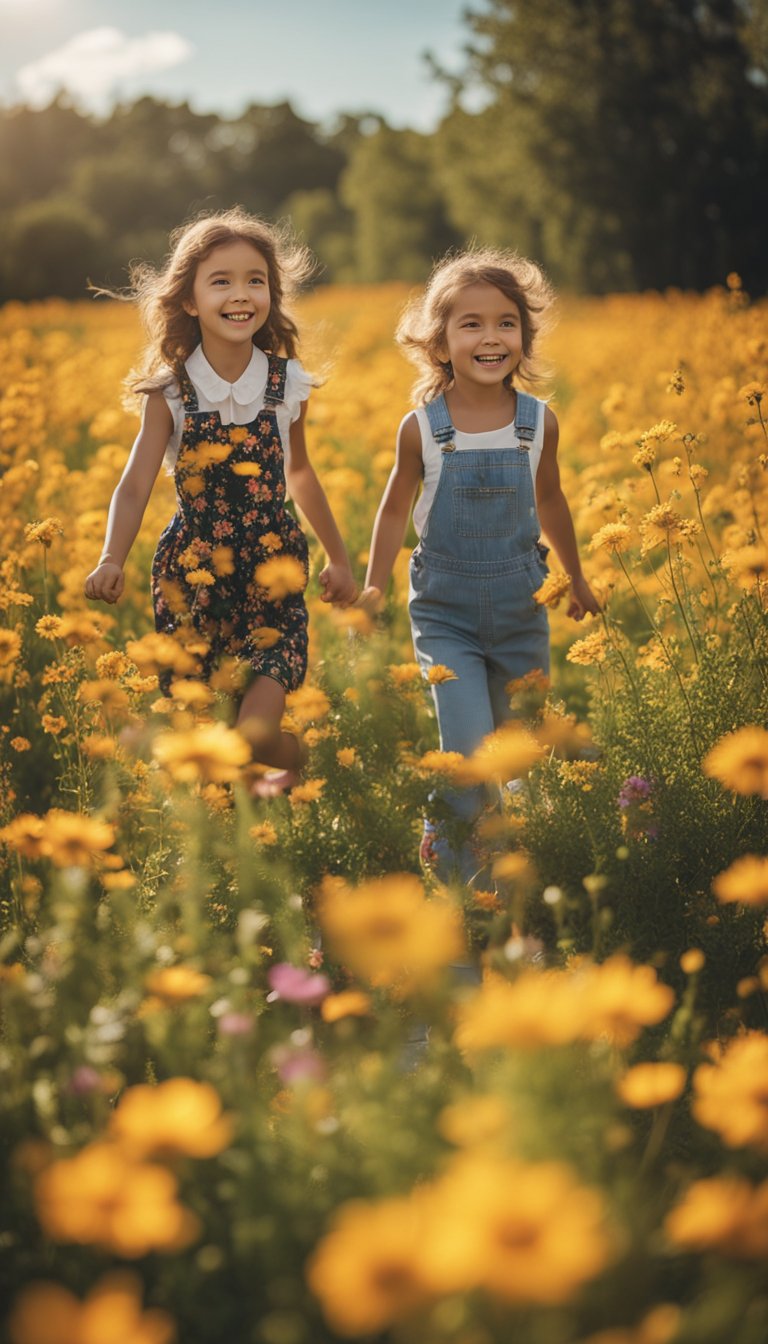Two lively twins playing in a field of vibrant flowers under a bright, sunny sky