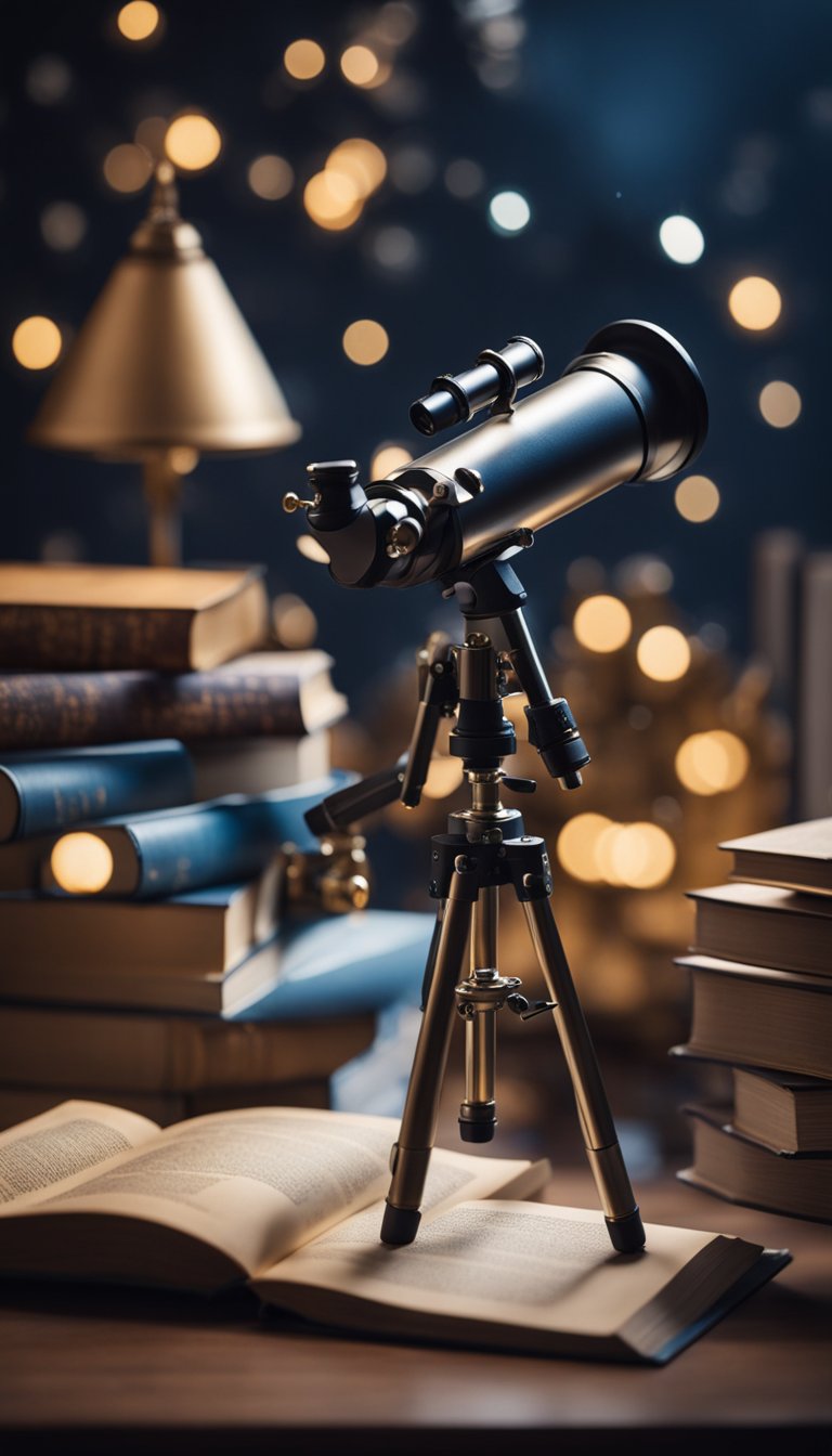 A curious Gemini gazes at the stars through a telescope, surrounded by books and maps