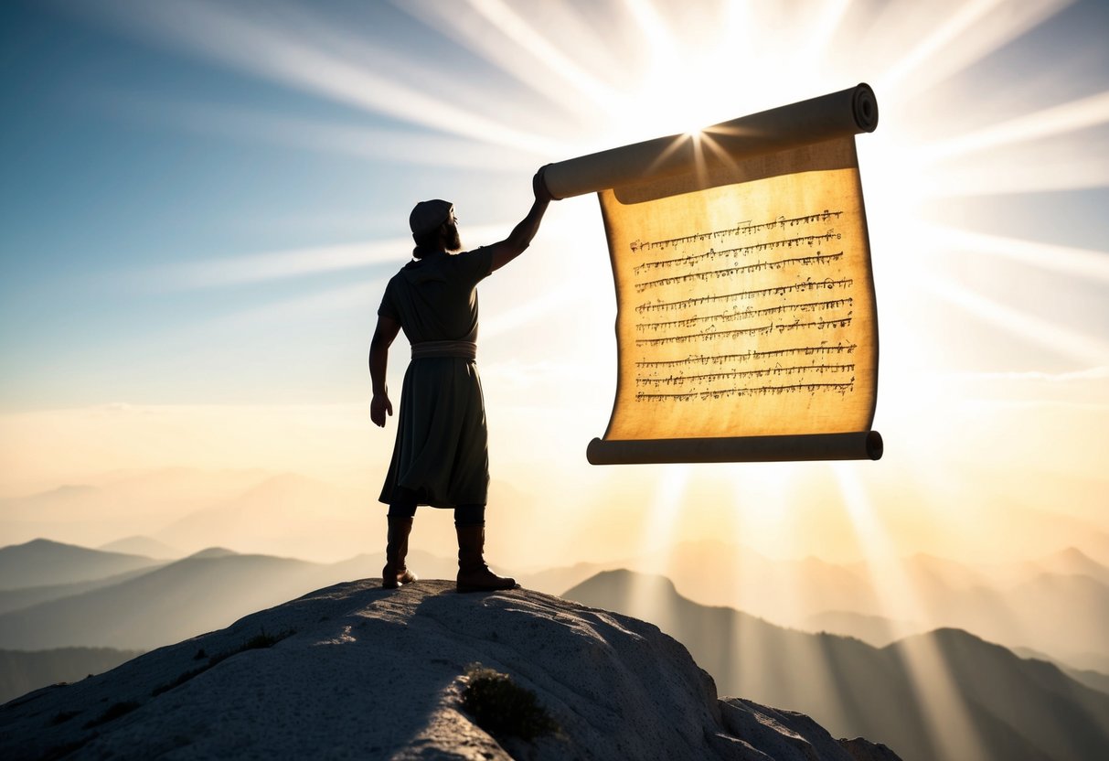 A figure standing on a mountaintop, with rays of light shining down, while a scroll with ancient writing is being lifted up
