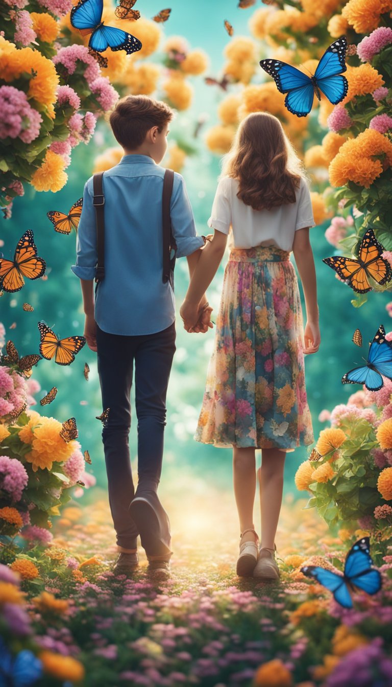 A pair of twins holding hands, surrounded by vibrant flowers and butterflies