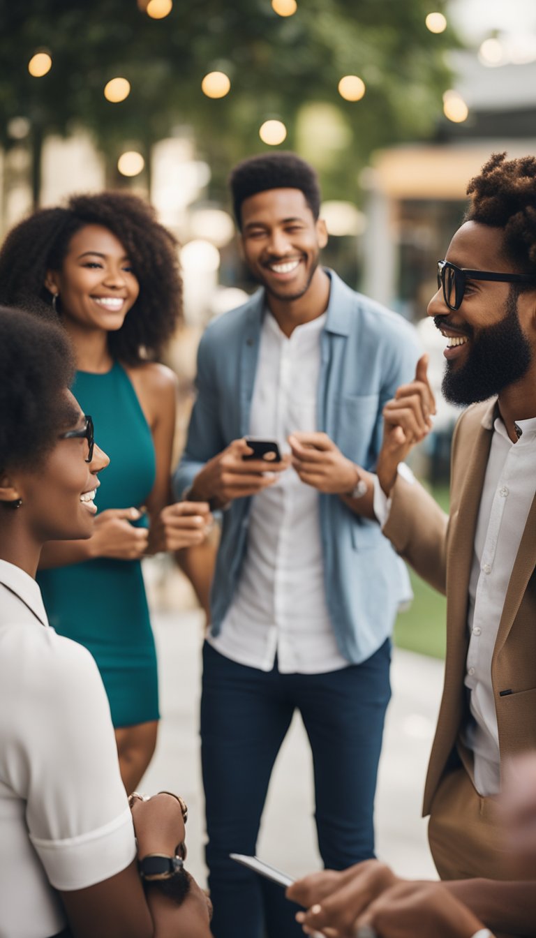 A group of diverse individuals engaging in lively conversations, sharing ideas, and connecting with each other in a vibrant and dynamic social setting