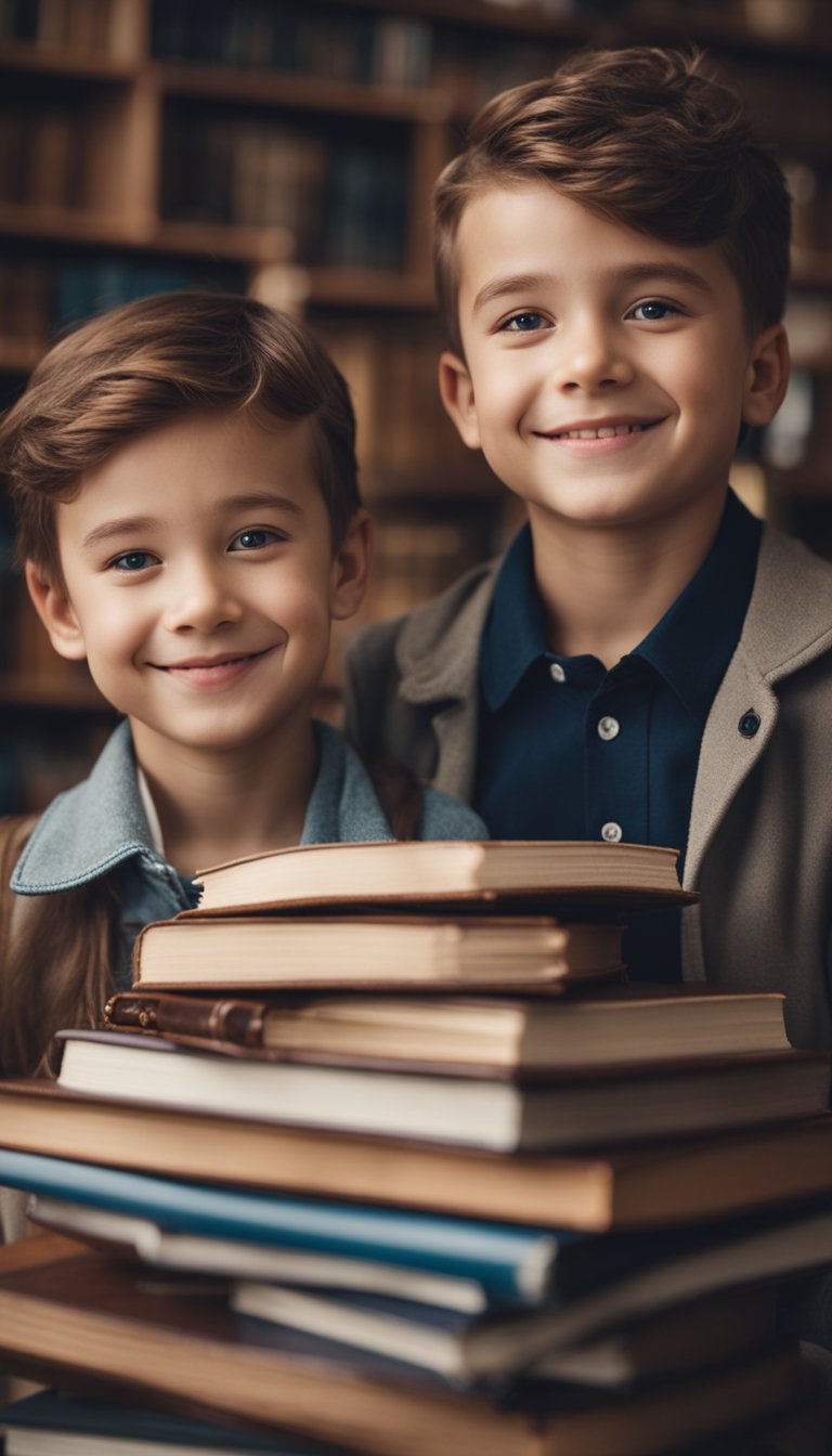 A pair of twins, one with a mischievous grin and the other with a thoughtful expression, surrounded by books, art supplies, and musical instruments