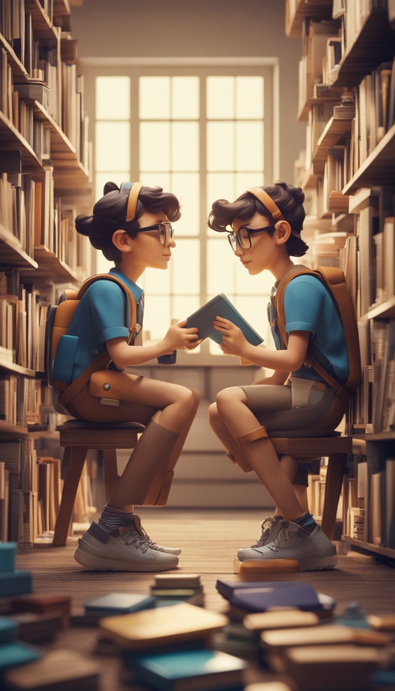 A pair of lively Gemini twins engaging in animated conversation, surrounded by books, gadgets, and art supplies