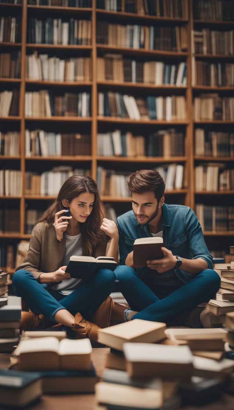 A pair of twins, one calm and collected, the other lively and talkative, engaging in a deep conversation while surrounded by books and a variety of communication devices