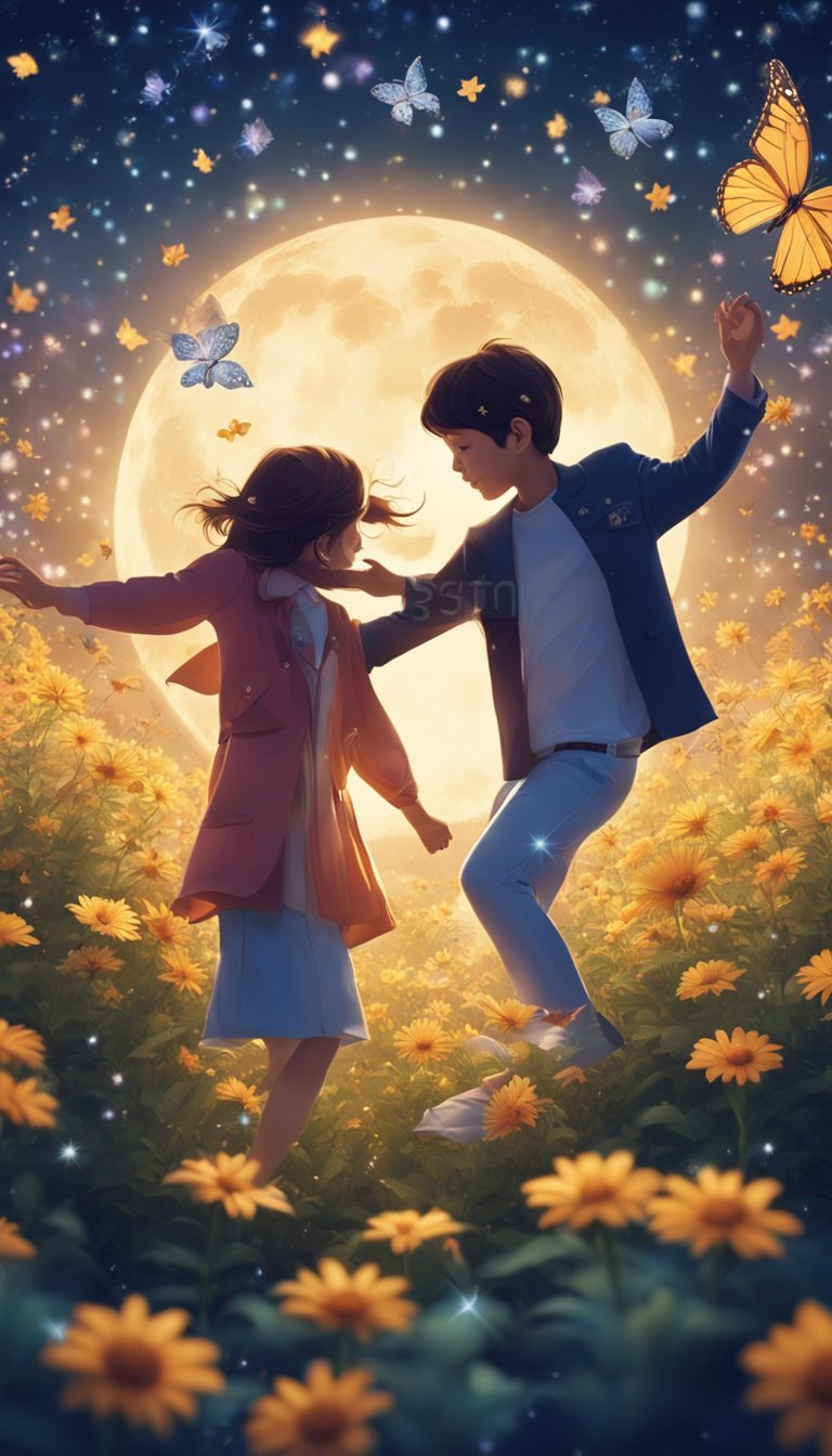 A pair of twins dancing joyfully under a starry sky, surrounded by vibrant flowers and butterflies