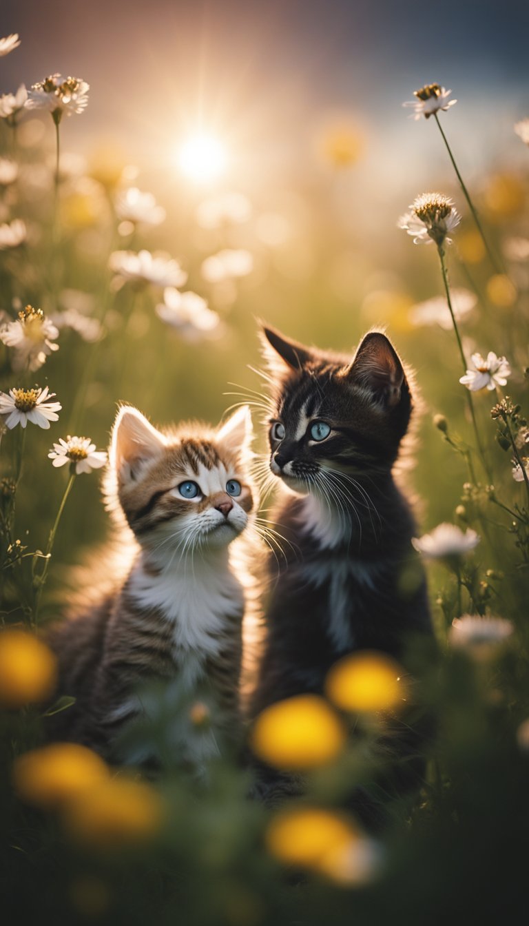 Two playful kittens chasing each other through a field of blooming wildflowers under a bright, starry sky