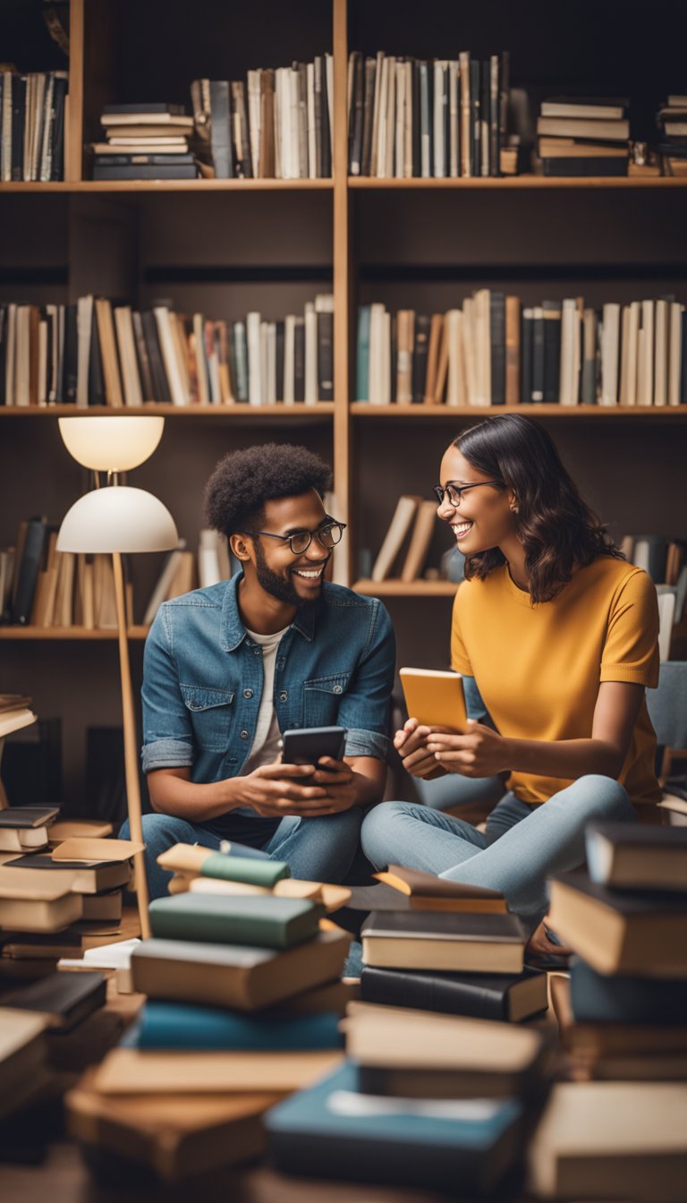 A pair of twins engaging in a lively and intellectual conversation, surrounded by books and various forms of communication technology