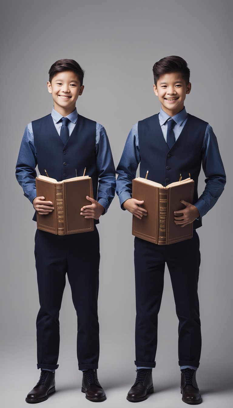 A pair of identical twins standing back to back, one holding a book and the other holding a paintbrush. The twins have a mischievous smile on one side and a thoughtful expression on the other