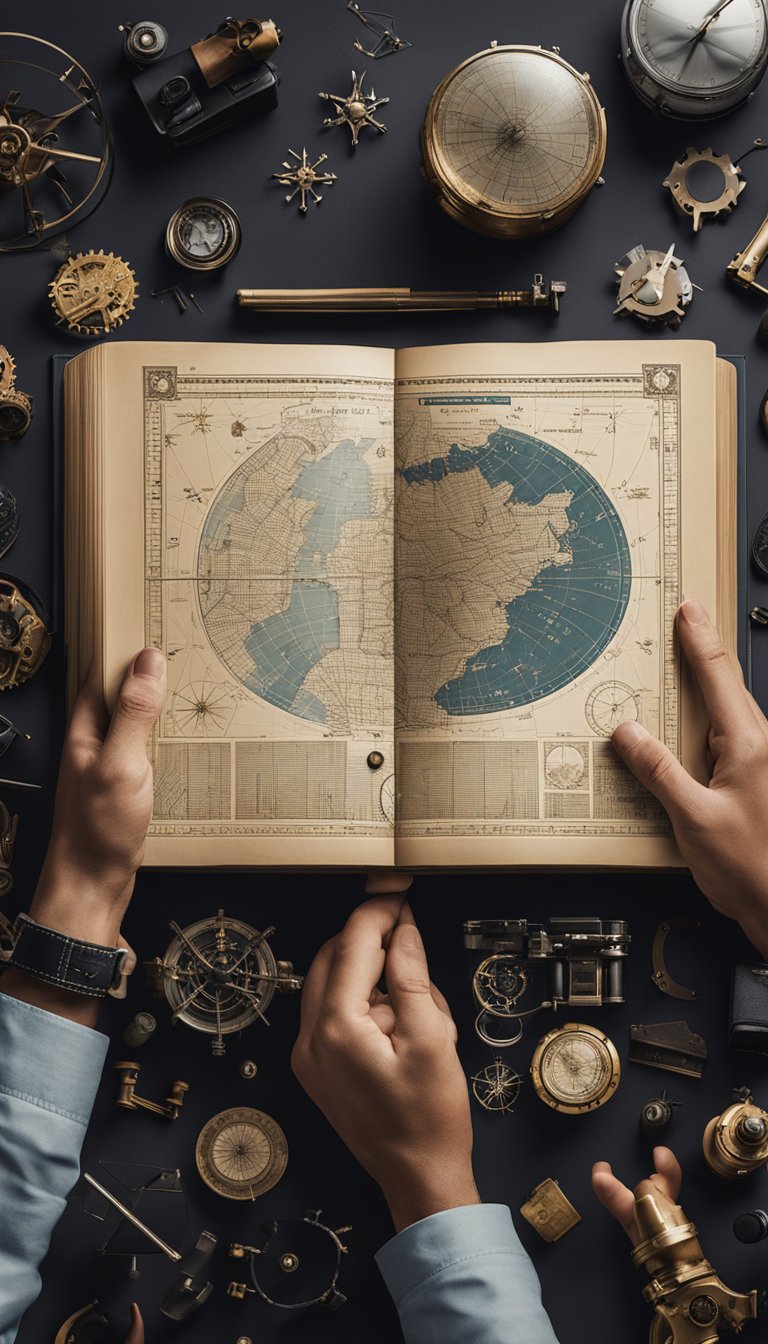 A pair of hands holding a book with a constellation map, surrounded by various tools and gadgets