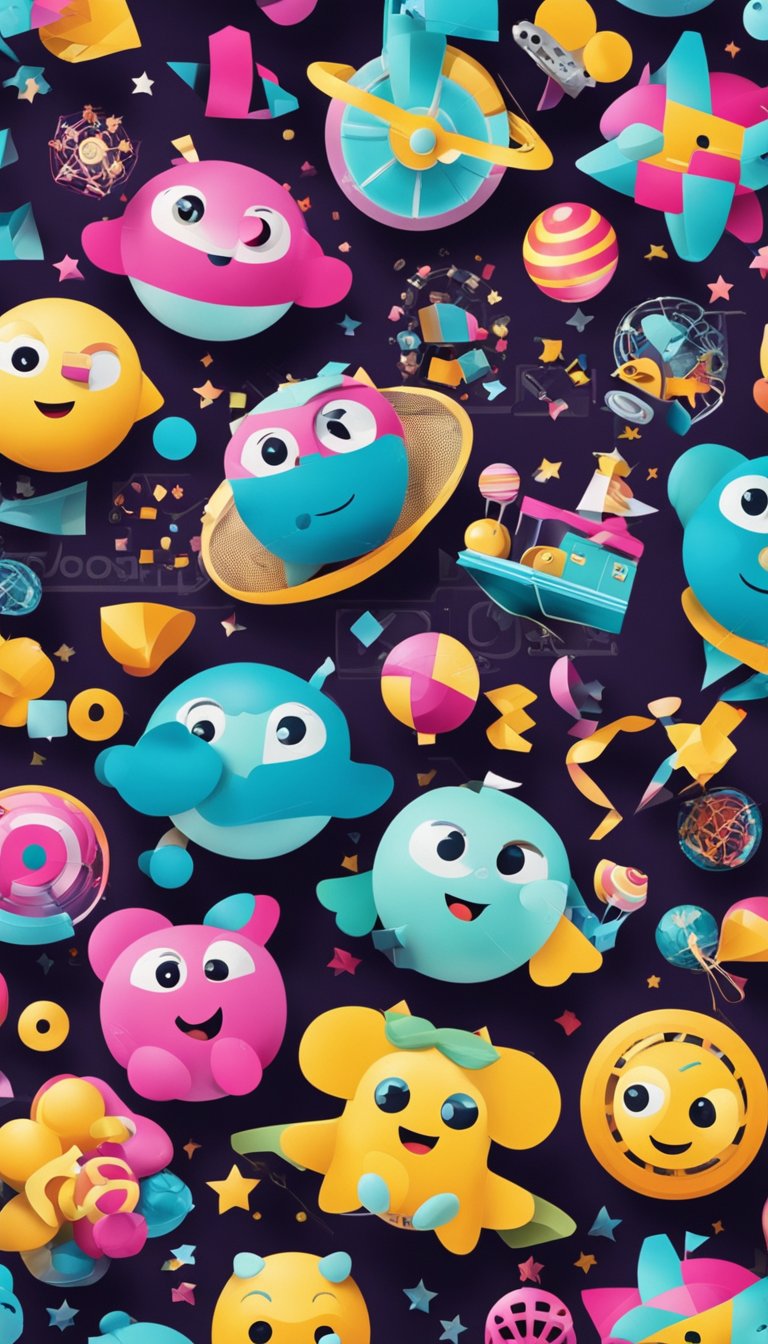 A colorful collage of playful symbols and imagery, including twins, vibrant colors, and dynamic movement